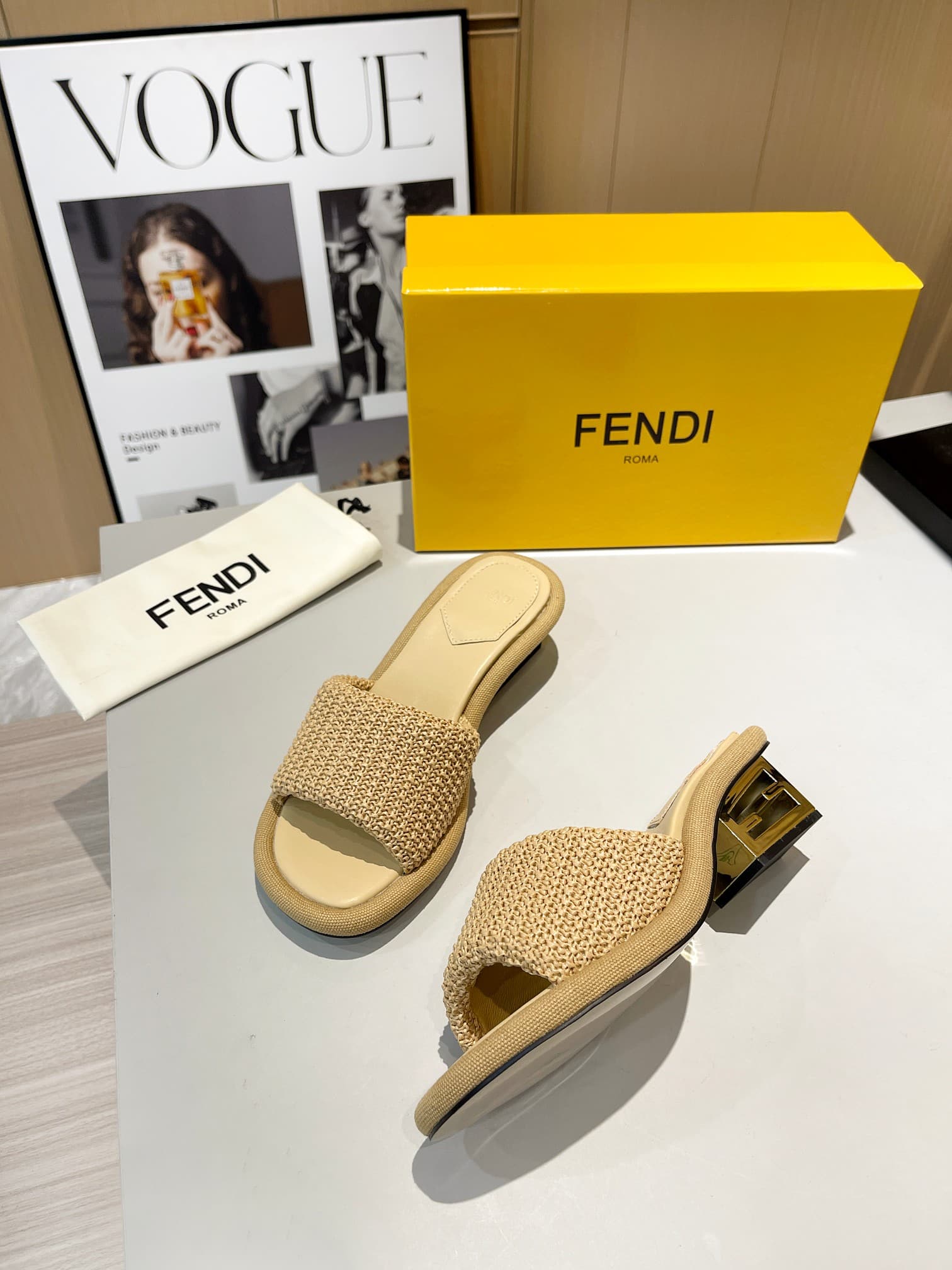 Fendi Baguette Raffia Slide Sandal Natural Neutral