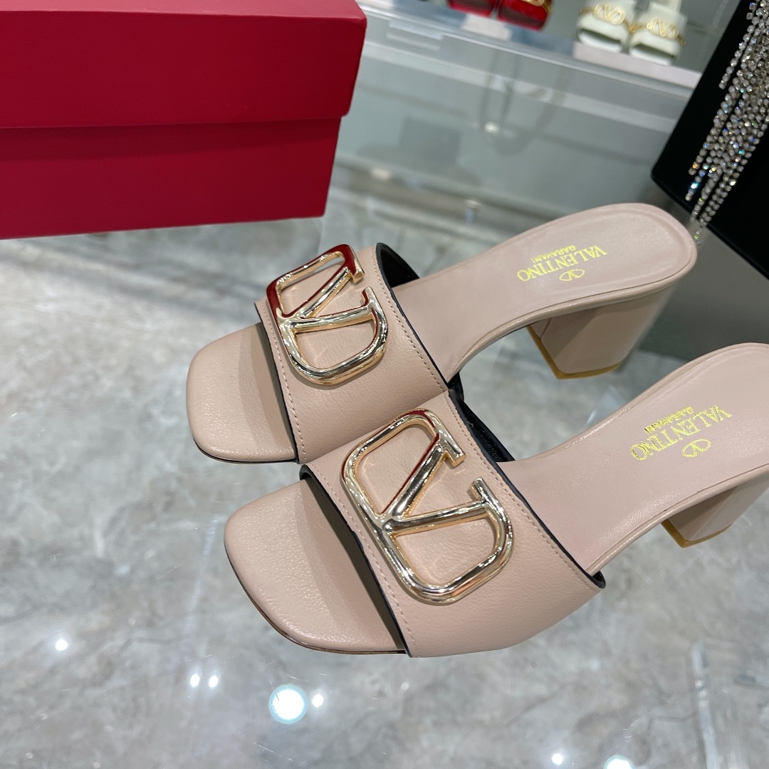 Valentino VLogo Signature Square-Toe Mid-Heel Slide Sandals – Silver & Poudre