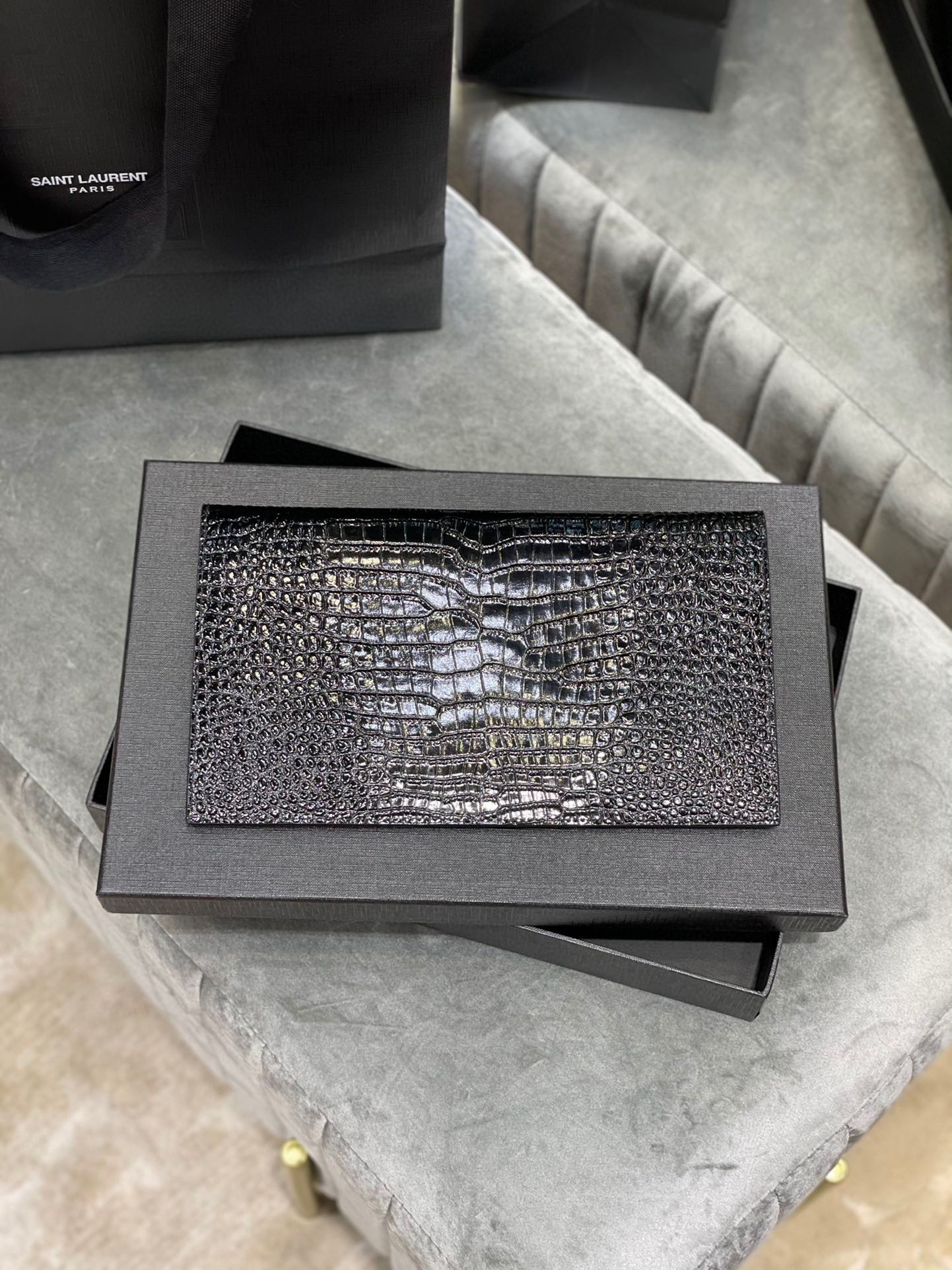 Saint Laurent Uptown Pouch In Crocodile Embossed Shiny Leather