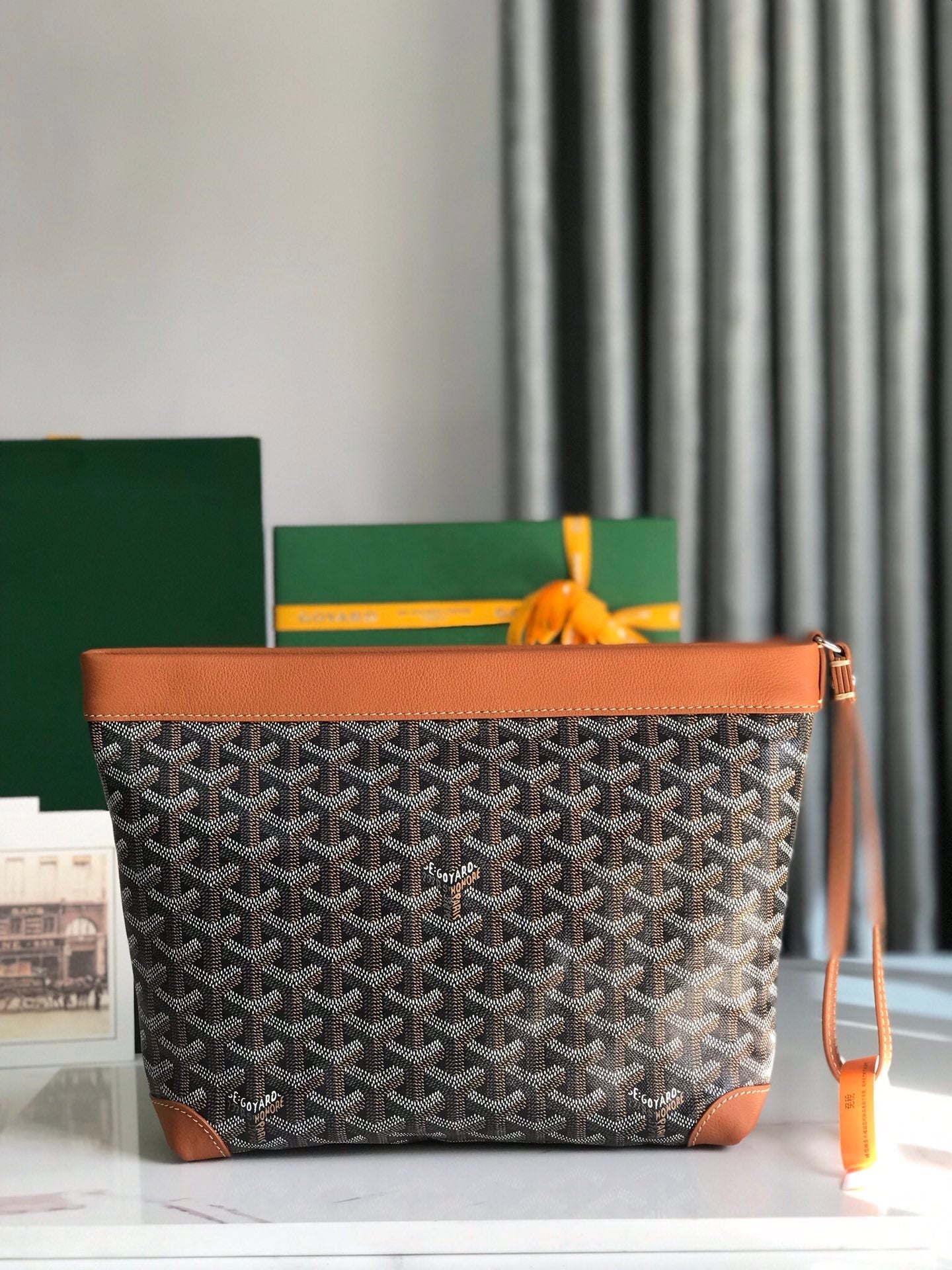 Goyard Conti Pouch 24 Cm Tan Lambskin And Black Goyardine Canvas