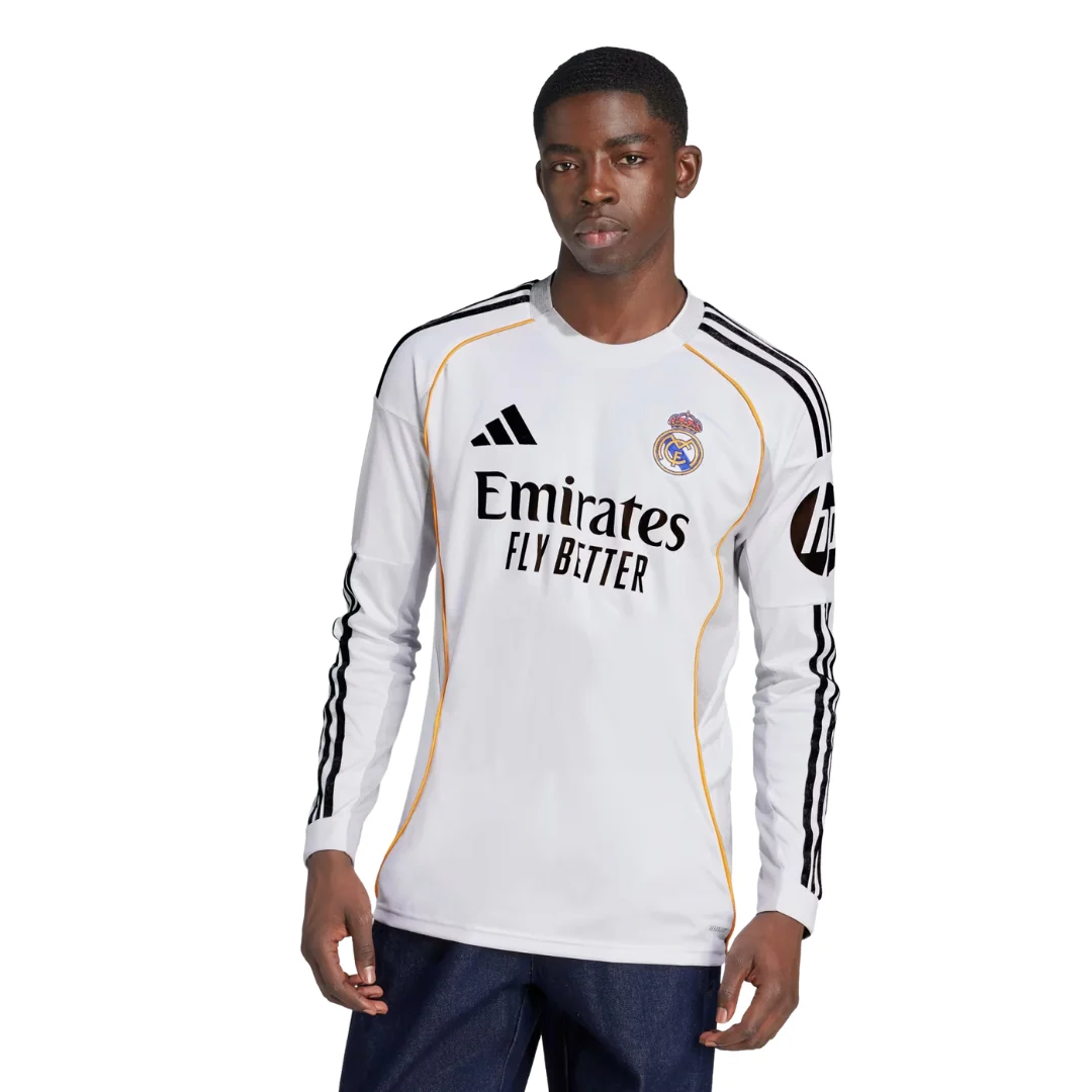 adidas Real Madrid Mbappe Long Sleeve Home Jersey w/ Intercontinental + Champions League Patches 25/26 (White)