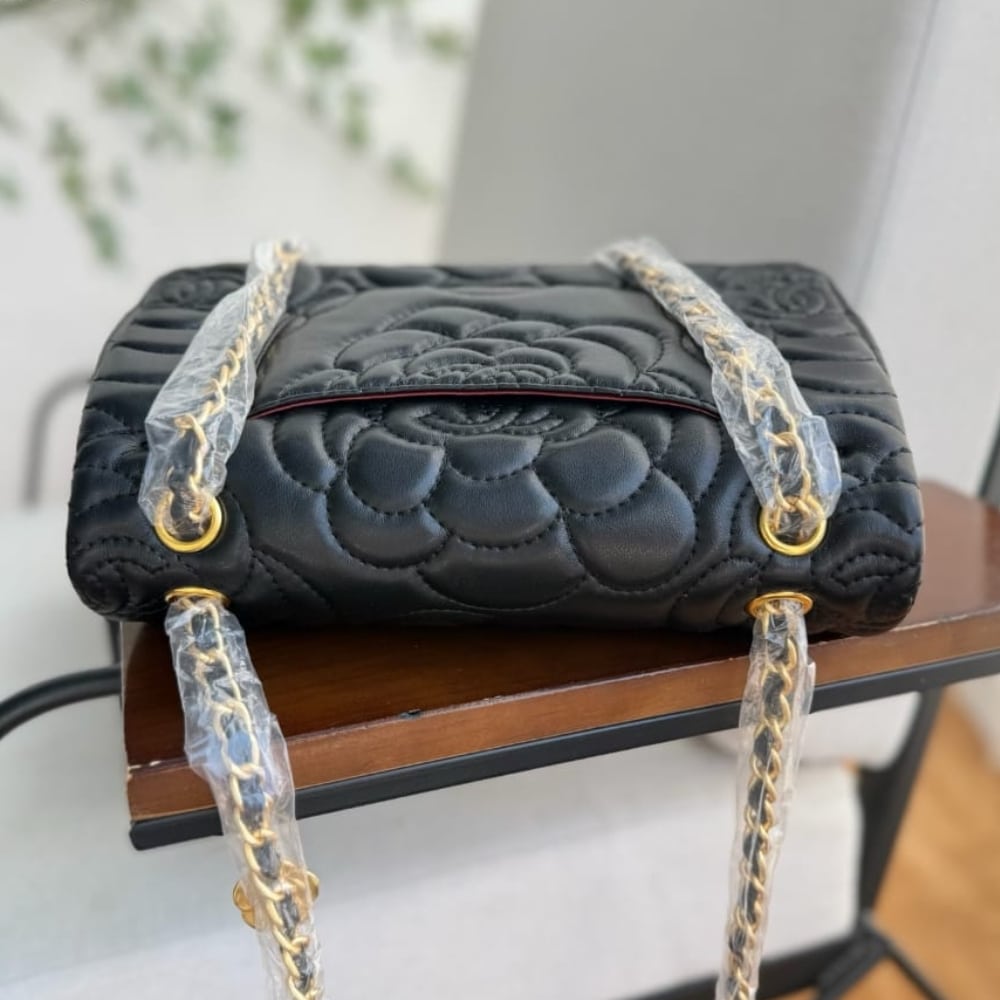 Chanel Flap Bag With Camellia Flower Chain Black 26Cm
