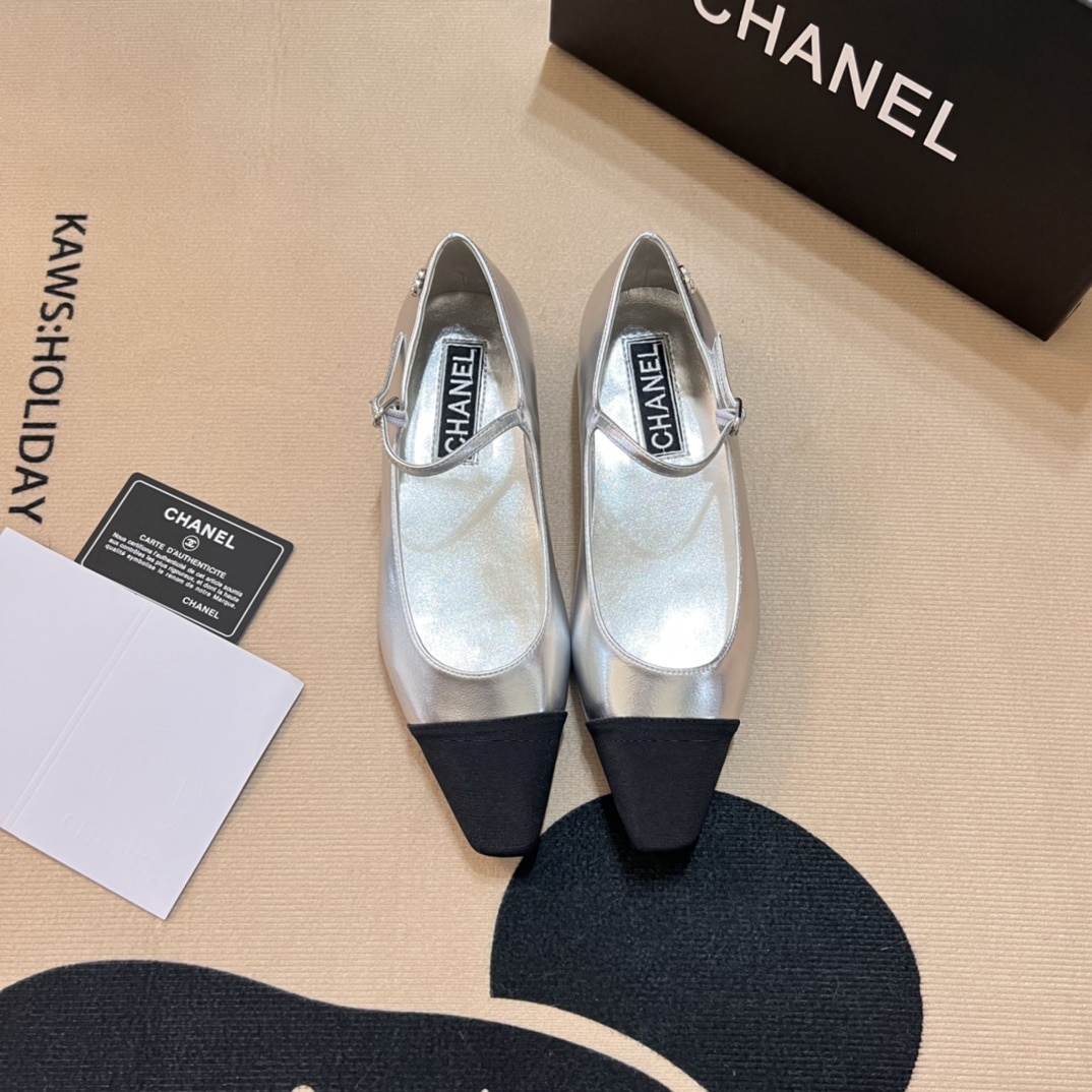 Chanel Square Toe Ballet Flats Black Silver