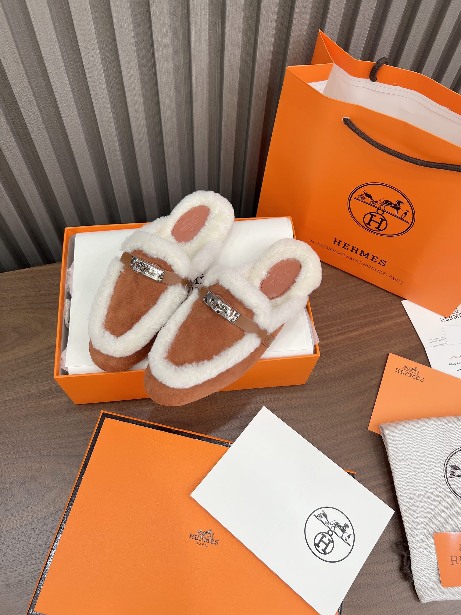 Hermes Oz Mule Shearling Brown White
