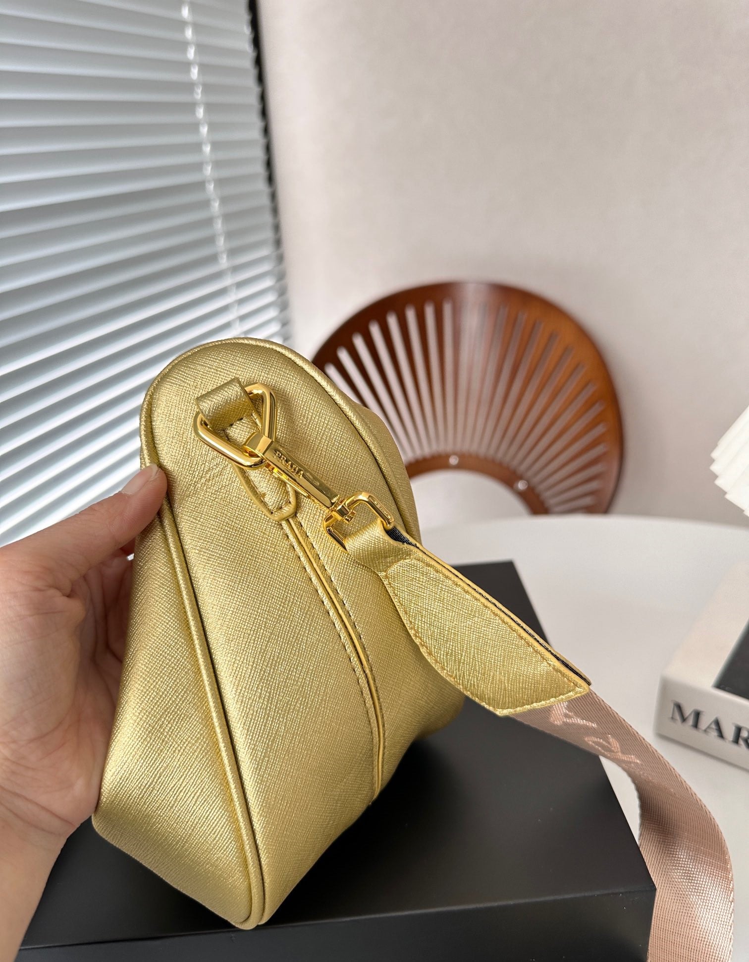 Prada Triangle Saffiano Leather Shoulder Bag Gold 28Cm