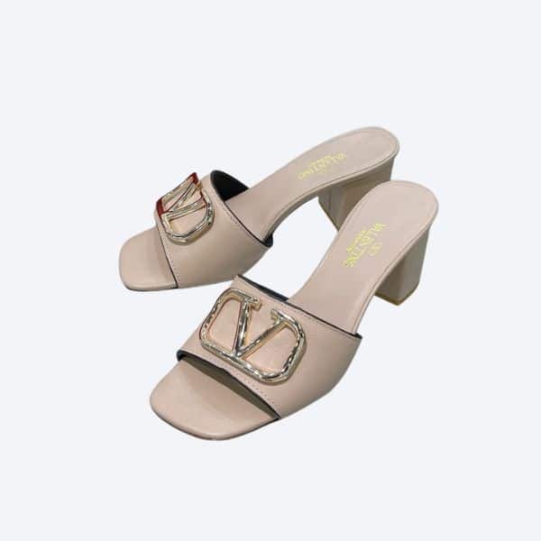 Valentino VLogo Signature Square-Toe Mid-Heel Slide Sandals – Silver & Poudre