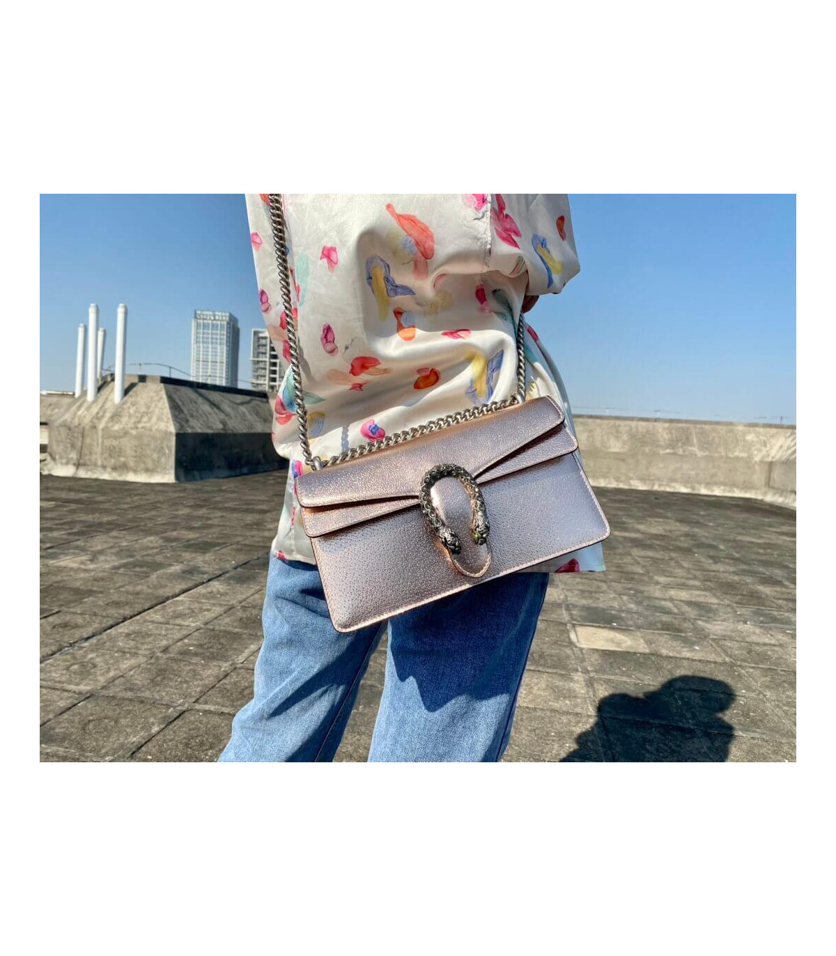 Gucci Dionysus Small Shoulder Bag in Rose Gold Lame Leather