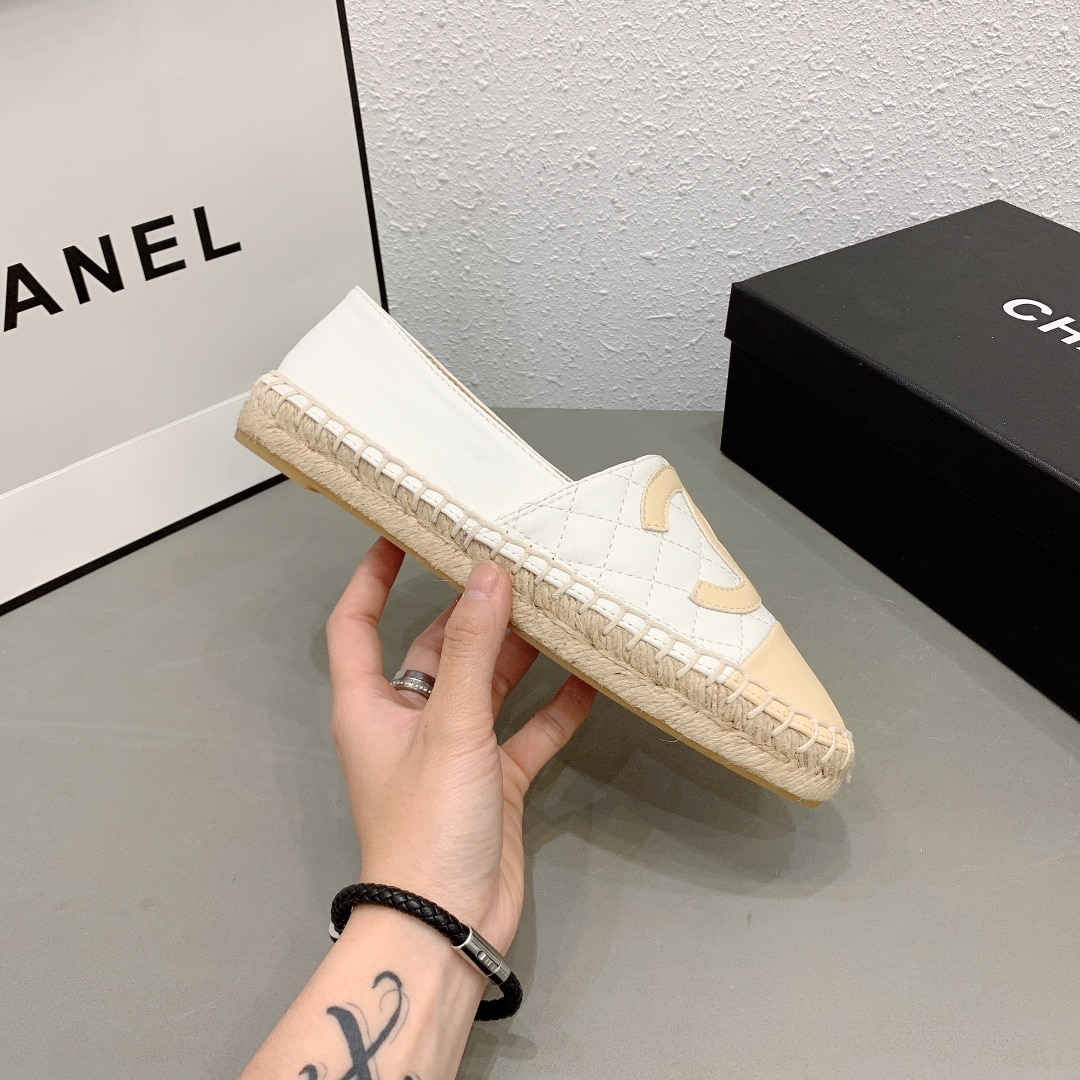 Chanel Cc Espadrilles Slip On White Beige