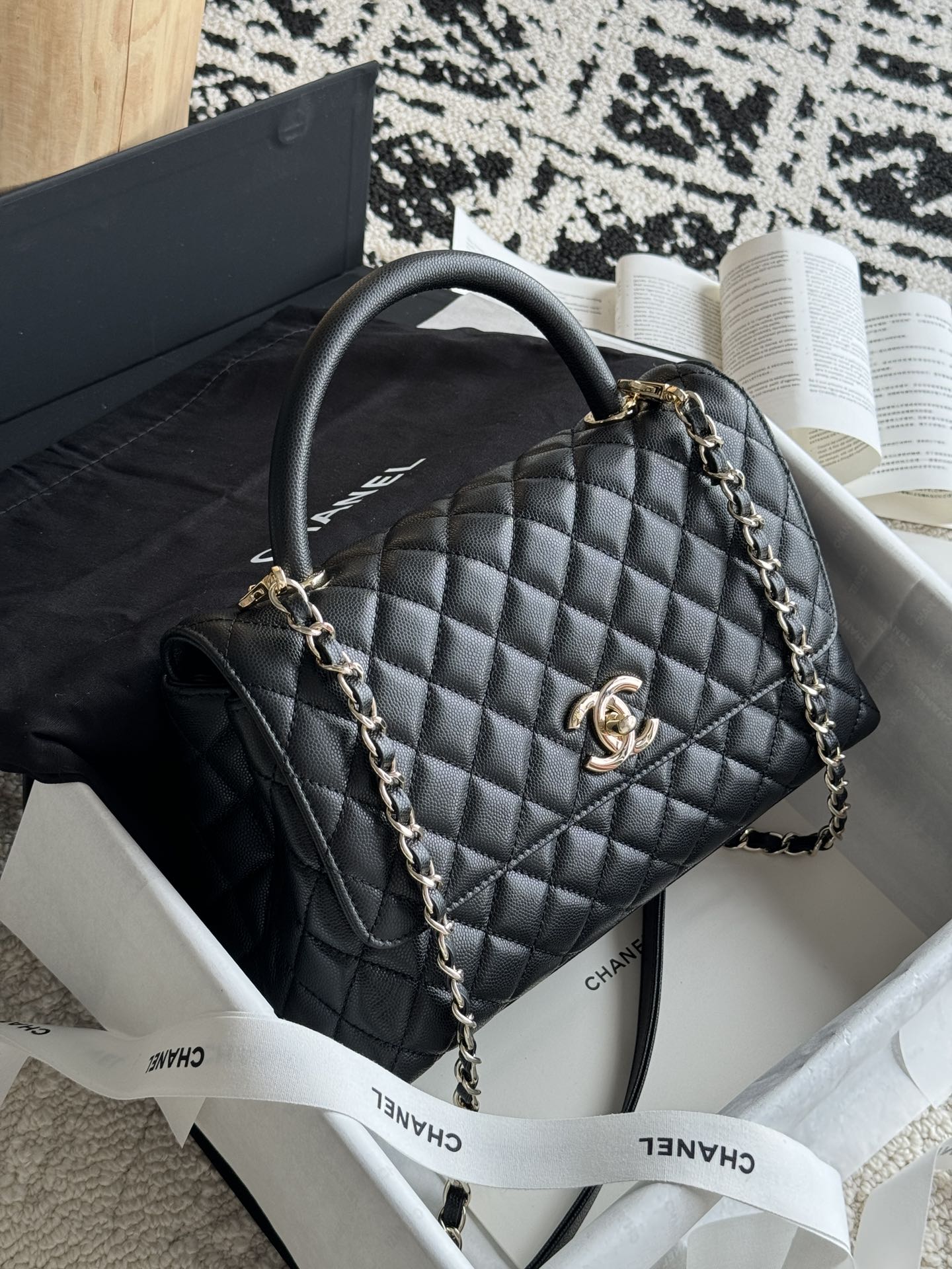 Small Coco Handle Flap Bag in Black Quilted Caviar Leather with Light Gold-Tone Hardware