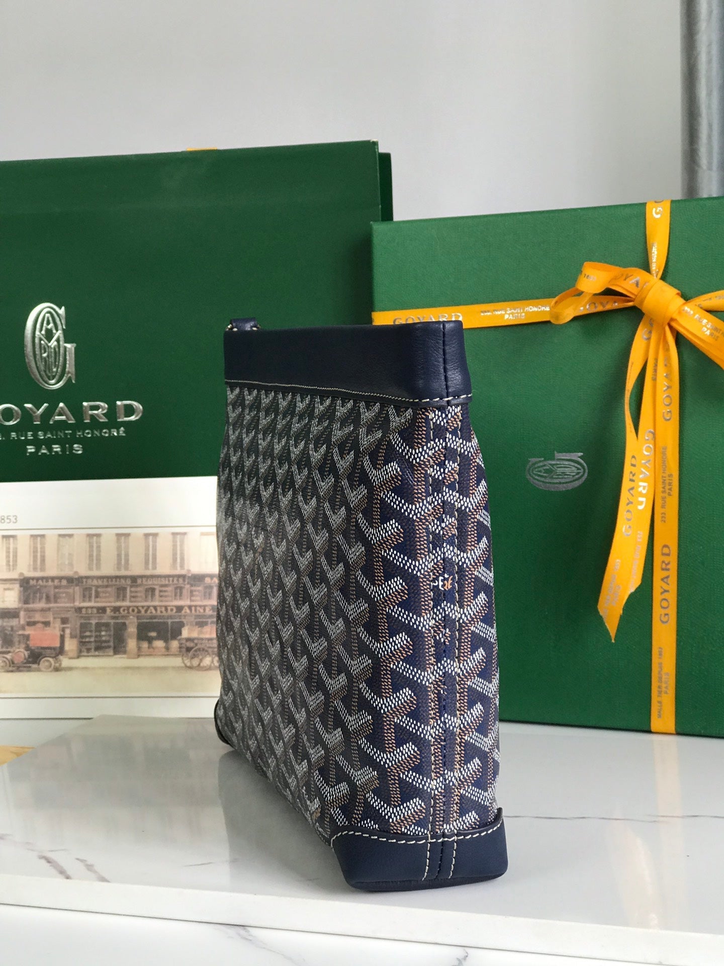 Goyard Conti Pouch 24 Cm Navy Blue Lambskin And Goyardine Canvas