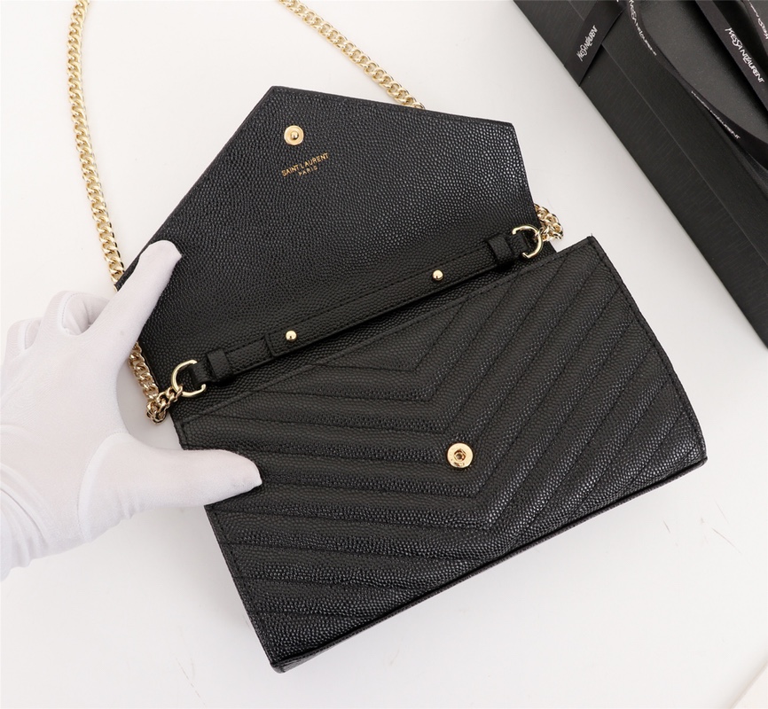 Saint Laurent Cassandre Matelasse Chain Wallet In Grain De Poudre Embossed Black Gold 22Cm 377828 Bow01 1000