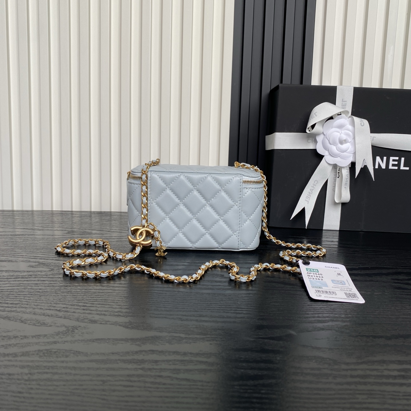 Small Vanity Case with Chain (AP3940) in Light Blue Shiny Lambskin with Gold-Tone Hardware, 25B Fall-Winter Collection