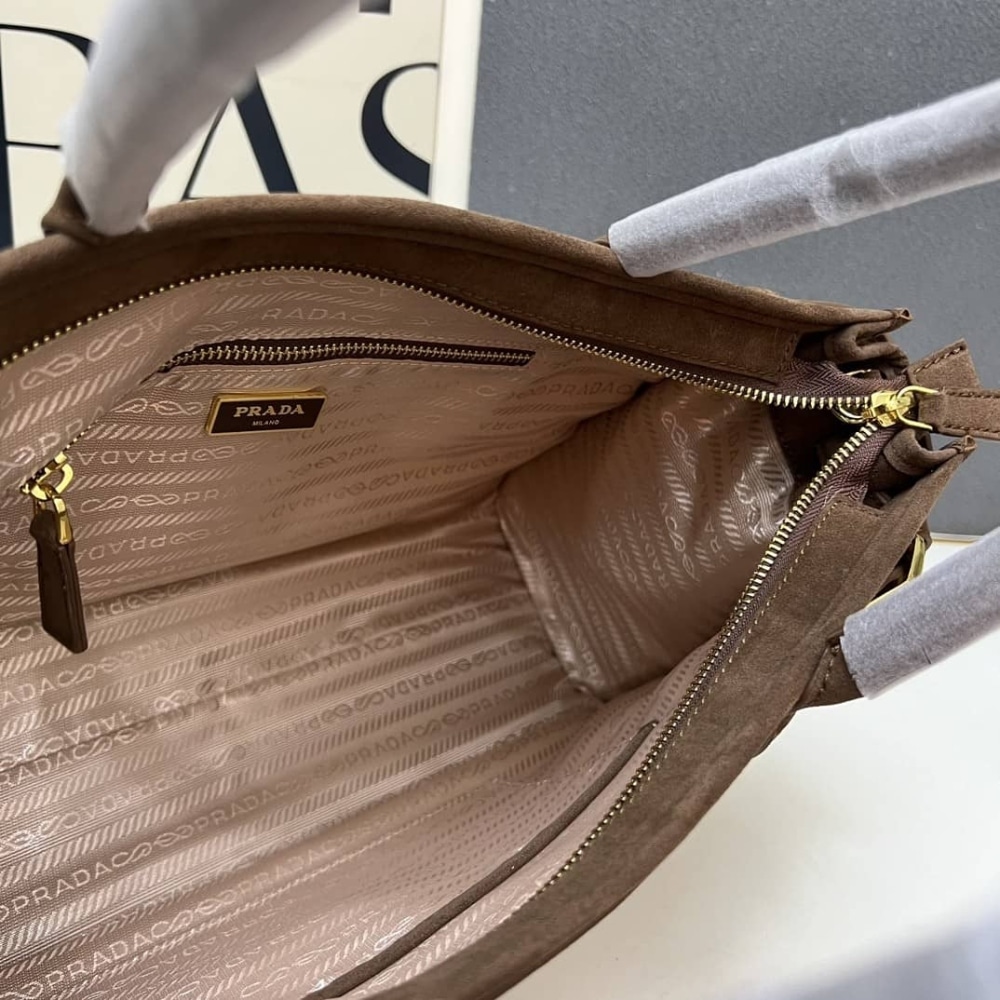 Prada Bonnie Large Suede Handbag Cacao Brown 38Cm 1Ba433 2C4S F0324 V Moo
