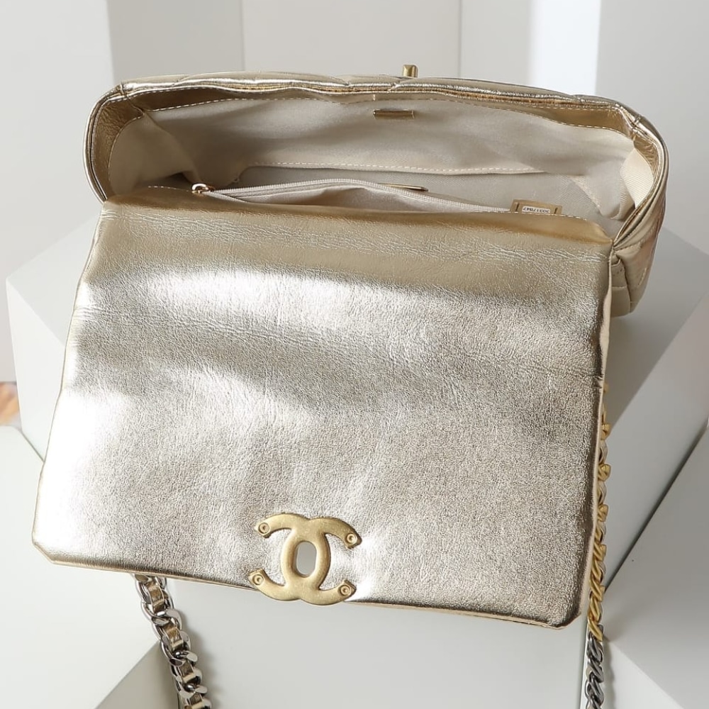 Chanel 19 Handbag Metallic Gold And Silver Tone 26Cm As1160 B05457 Nc293