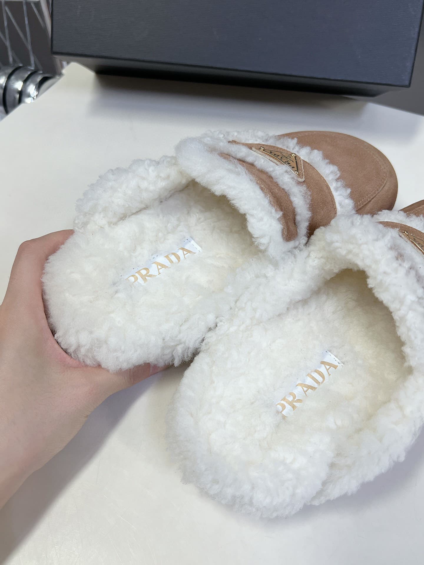 Prada Suede And Shearling Slippers Ecru 1S711M X0O F0379 F Zg20