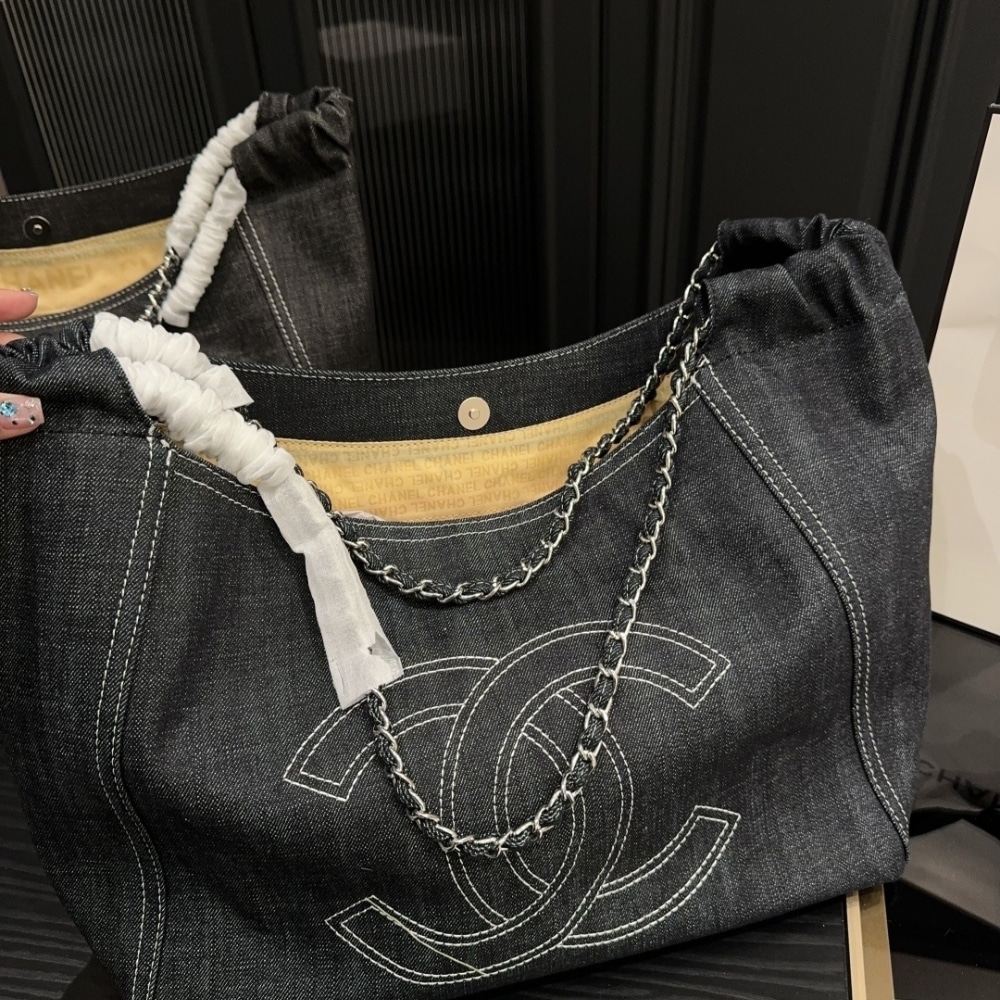 Chanel Large Tote Bag Black Denim Chain Strap 36Cm