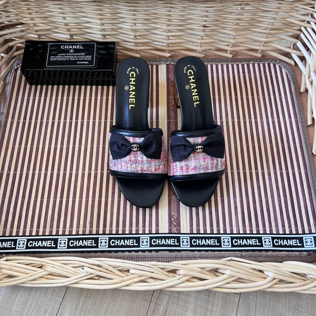 Chanel Grosgrain Ribbon Bow Mule Tweed Pink G45691
