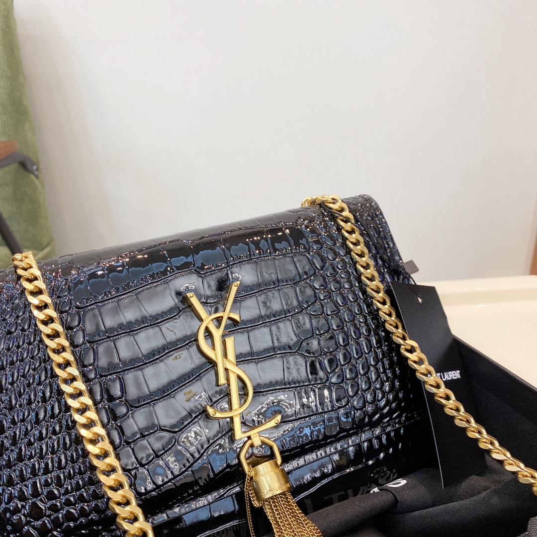 Saint Laurent Kate Medium Chain Bag With Tassel In Shiny Leather Black