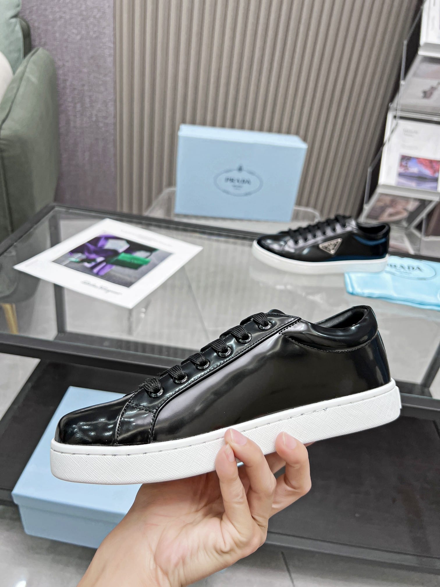 Prada Logo Sneakers In Brushed Leather Black