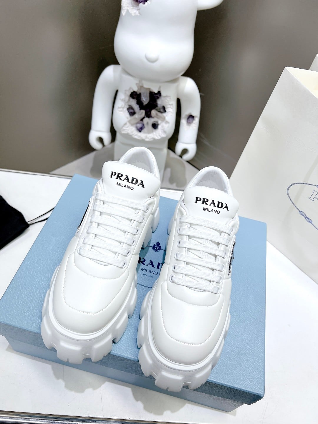 Prada Soft Padded Nappa Leather Lace Up Shoes White
