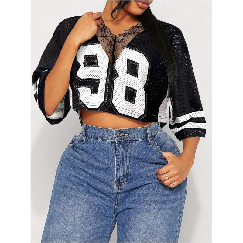 Women's Number Graphic Tees Lace V Neck