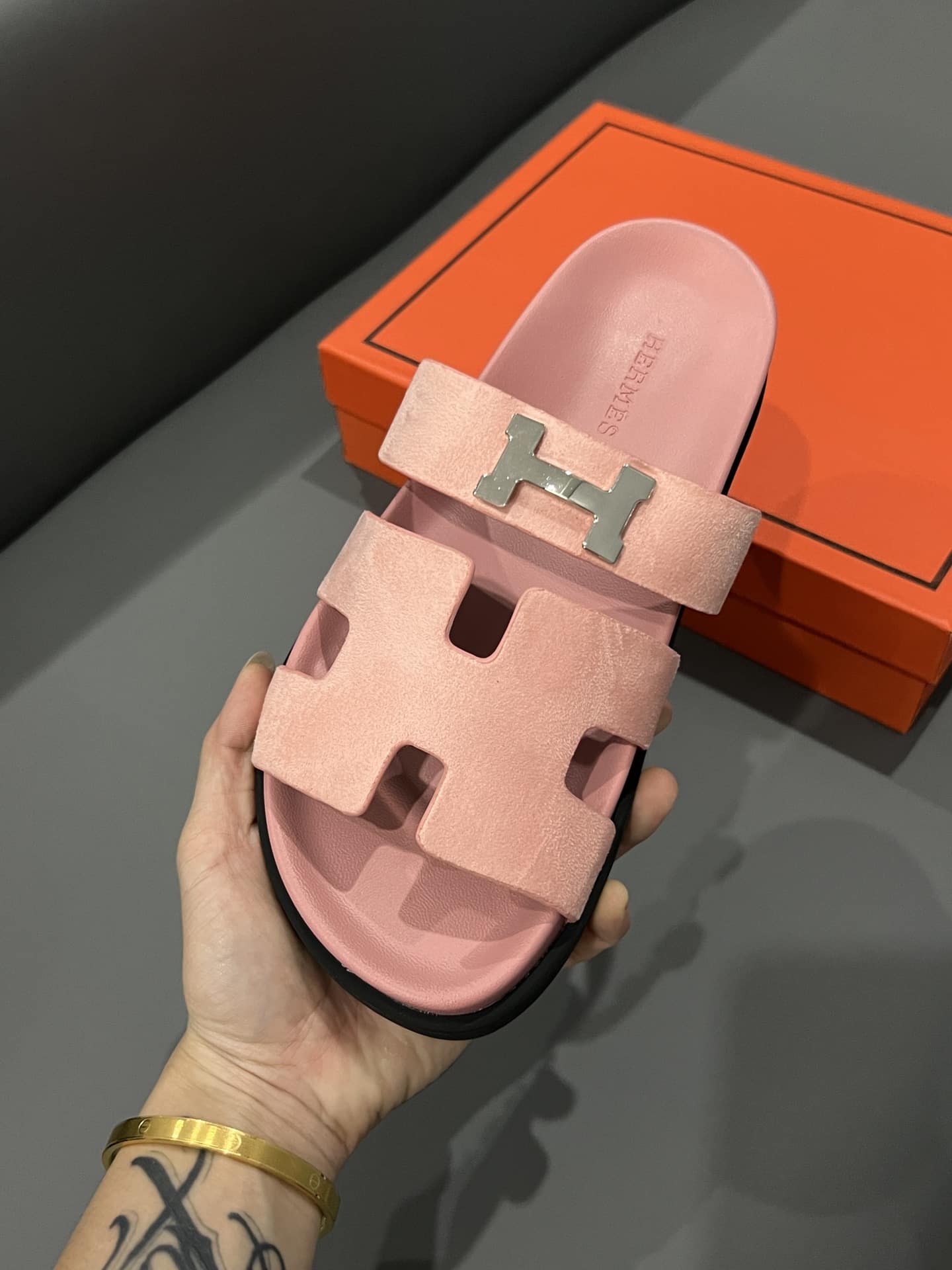 Hermes Chypre Sandal H Logo Silver Hardware Pink