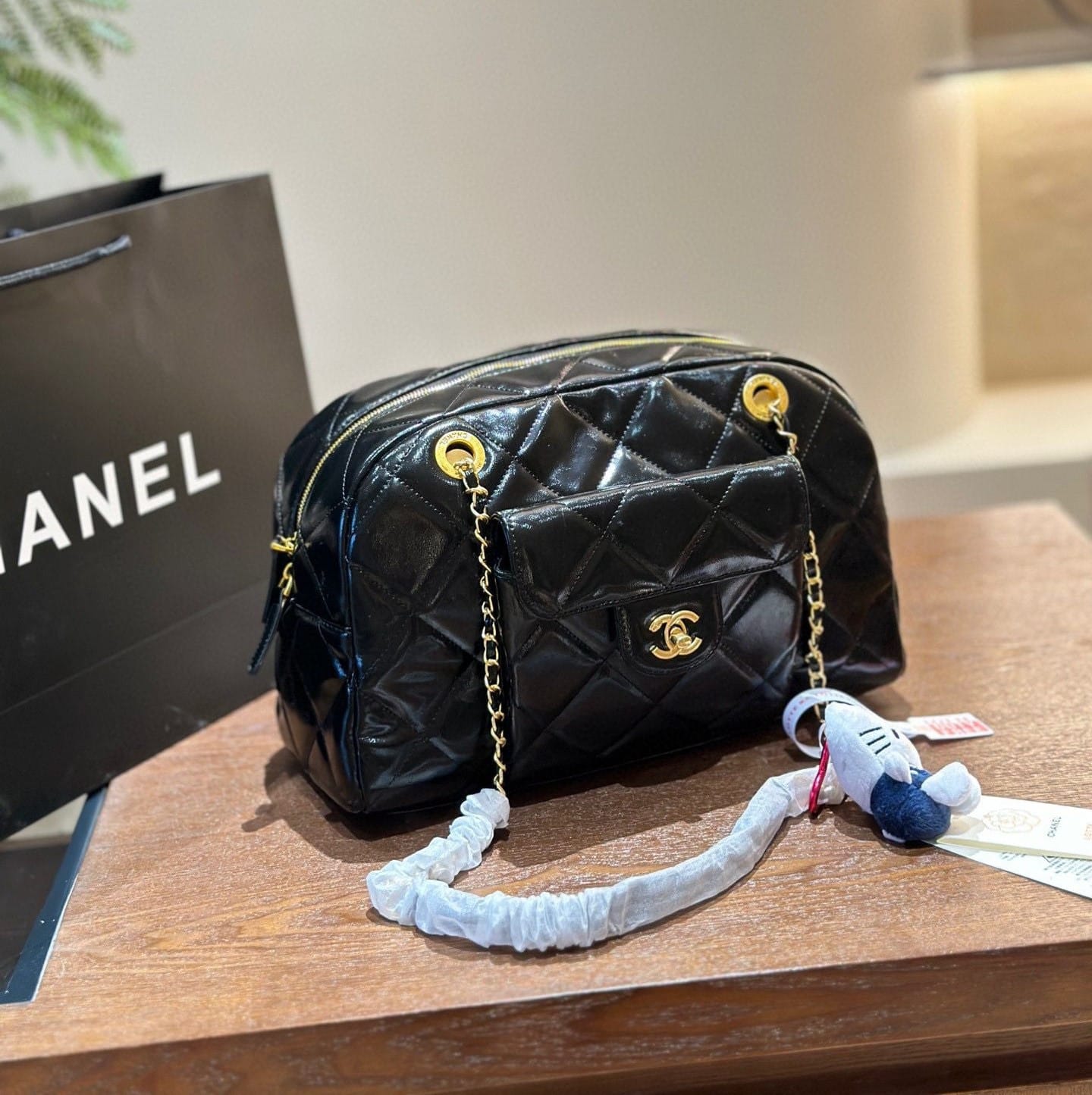 Chanel Maxi Bowling Shoulder Bag With Chain In Black 28Cm