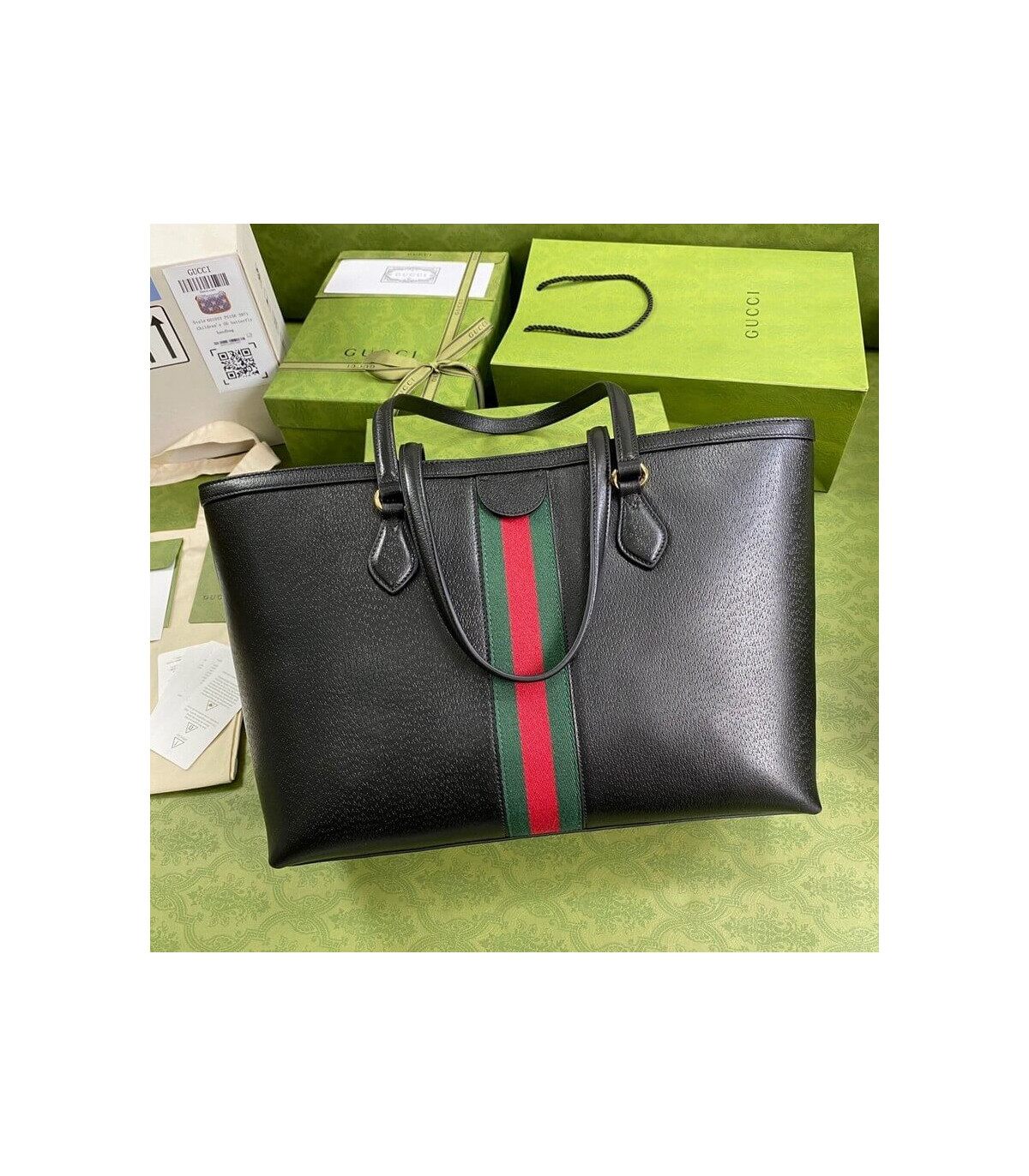 Gucci Ophidia Black Leather Tote Bag with Web Stripe 38cm/15in
