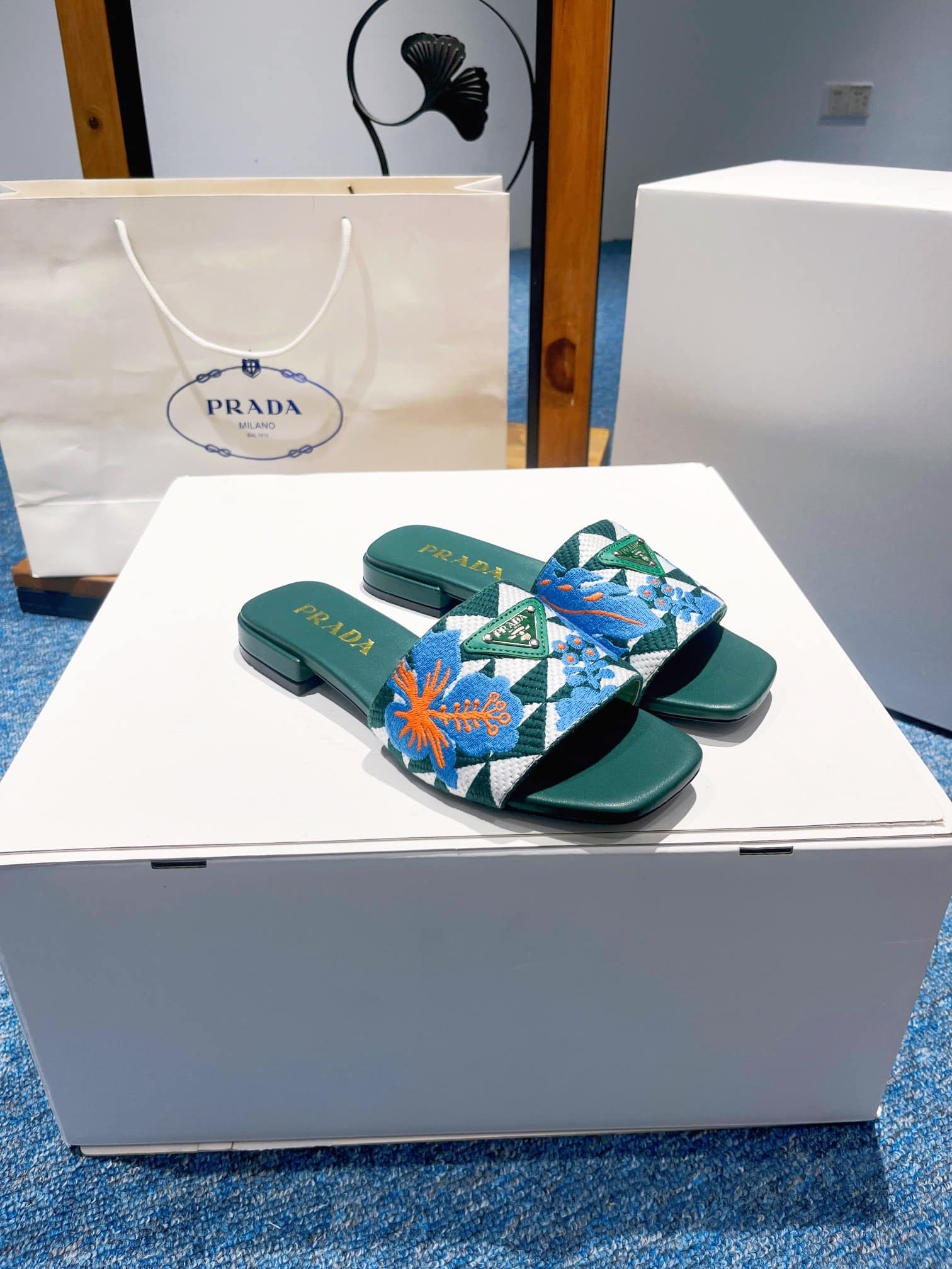 Prada Jacquard Logo Slides Green