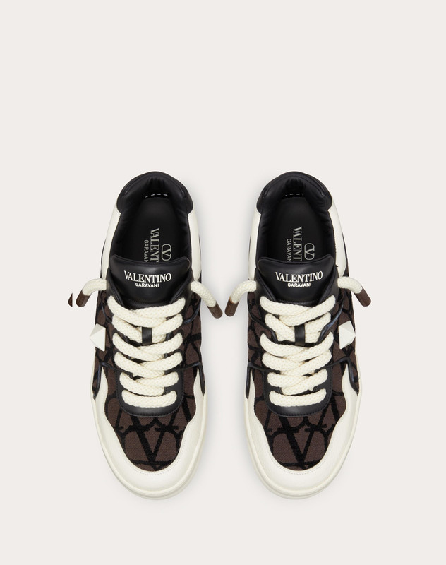 VALENTINO ONE STUD XL LOW-TOP SNEAKER IN NAPPA LEATHER AND TOILE ICONOGRAPHE FABRIC