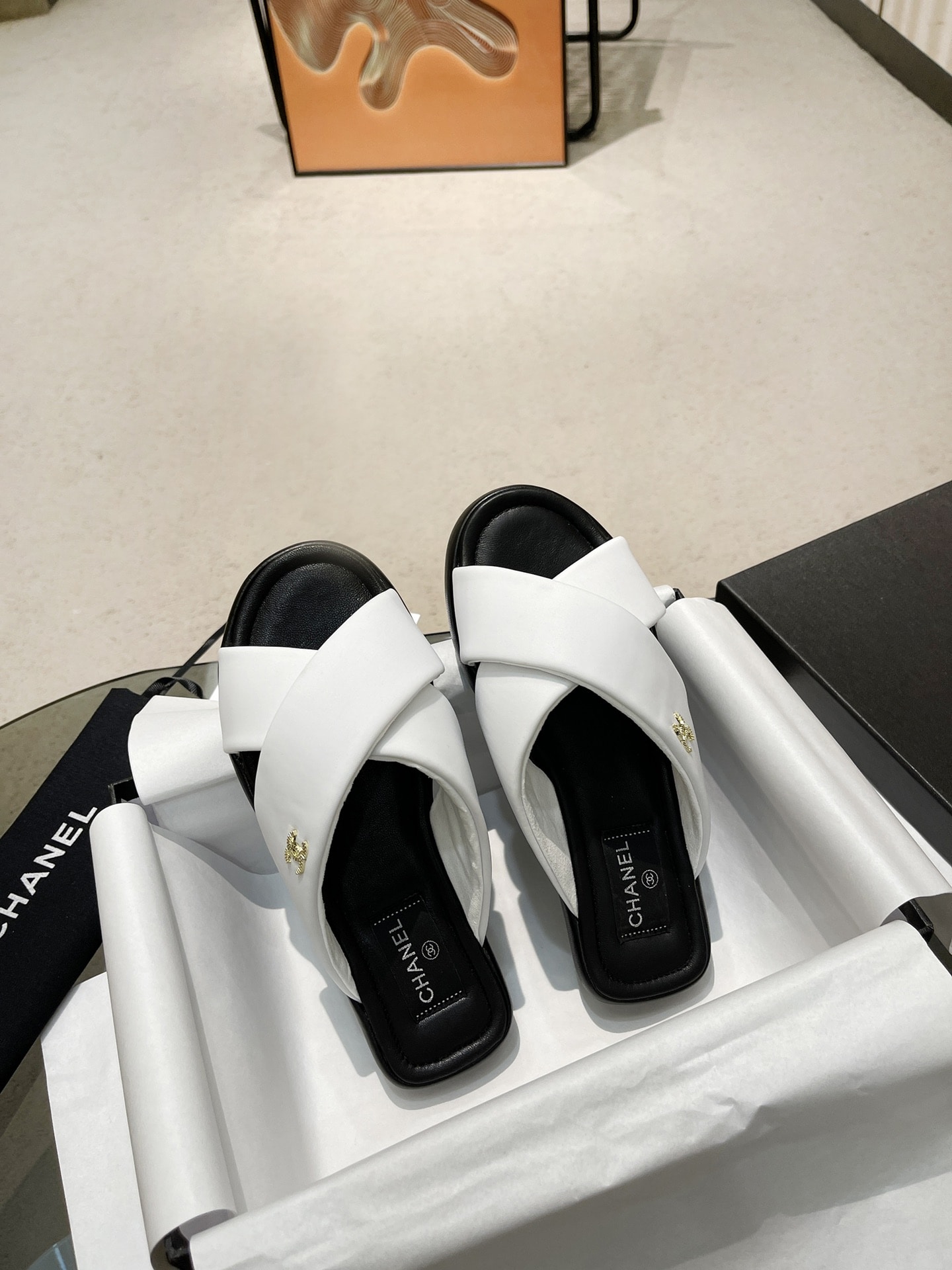 Chanel Cc Logo Criss Cross Slides White