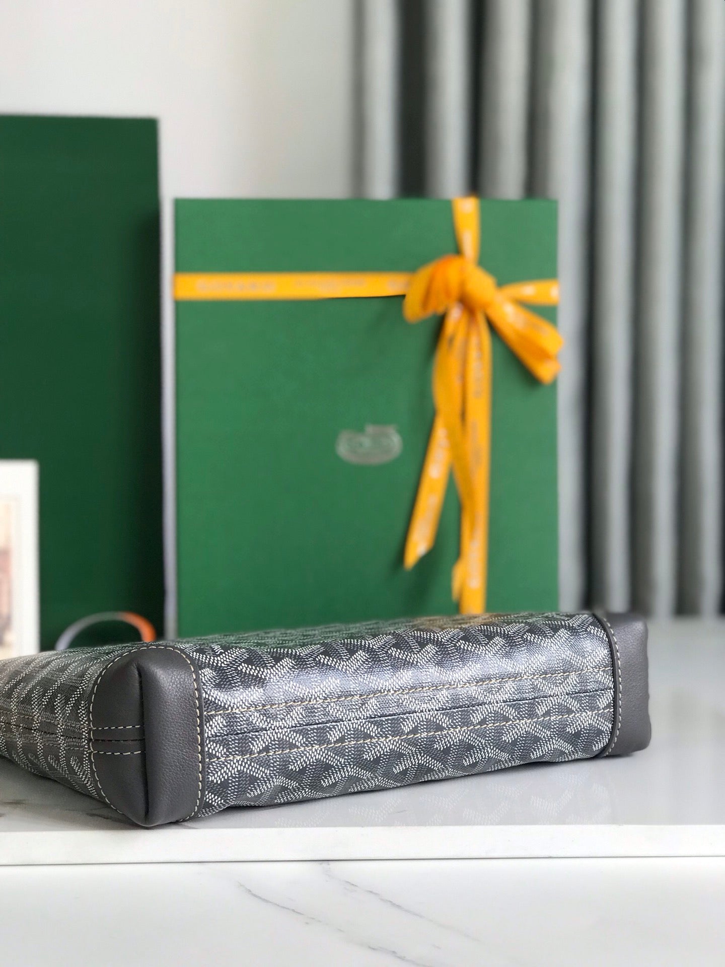 Goyard Conti Pouch 24 Cm Grey Black Lambskin And Goyardine Canvas
