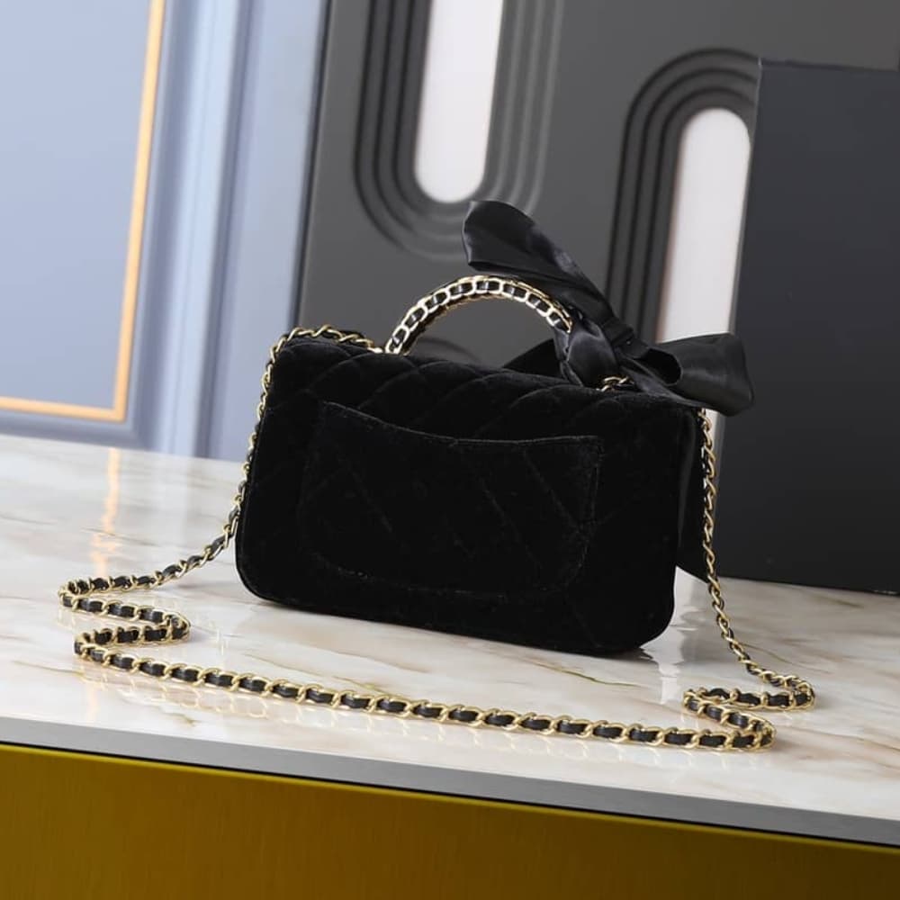 Chanel Mini Flap Bag With Top Handle Velvet Silk And Gold Tone Metal Black 20Cm As5875 B22481 94305