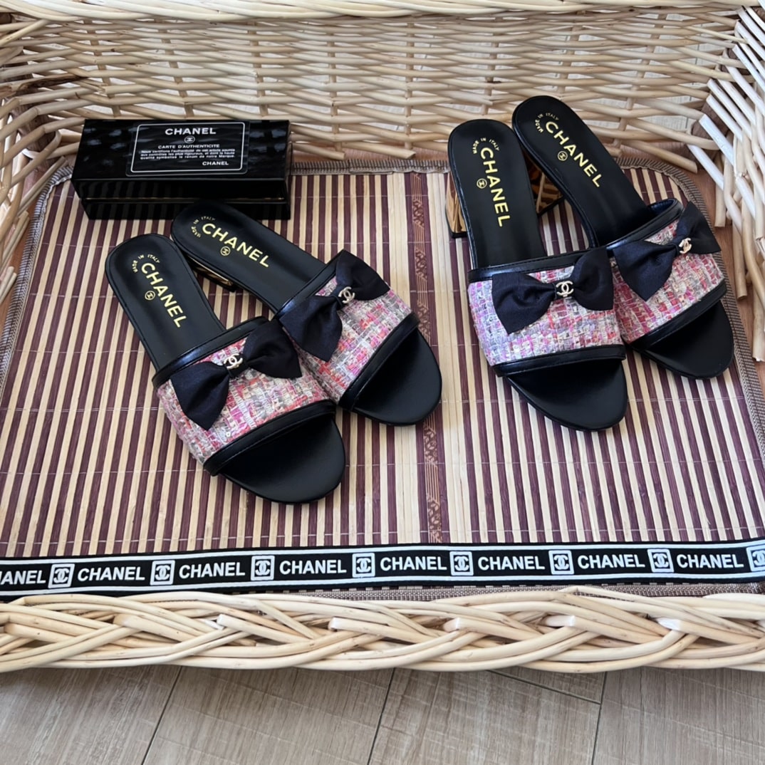 Chanel Grosgrain Ribbon Bow Mule Tweed Pink G45691