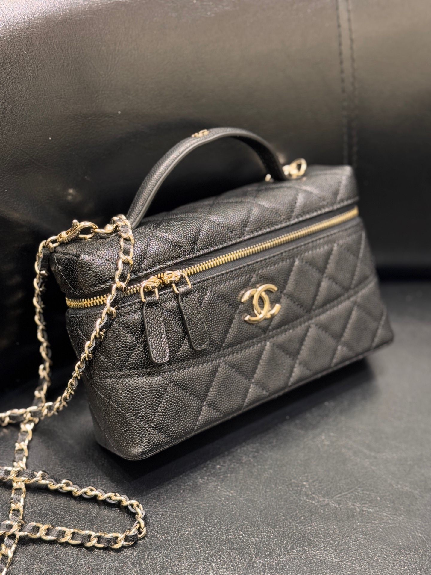 26C Black Caviar Quilted Long Vanity Case (LP Style) with Gold Hardware