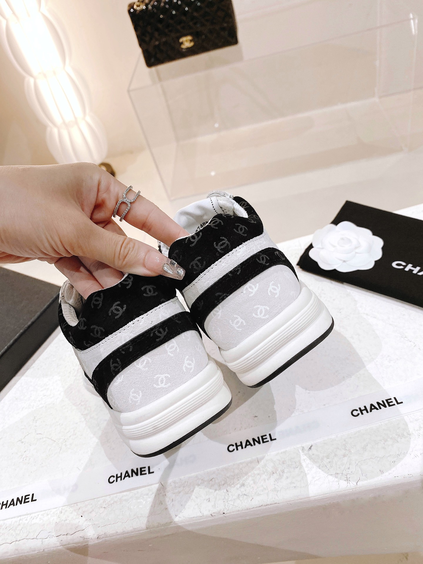 Chanel Printed Suede Calfskin Sneakers White And Black G39230 X56653 94305