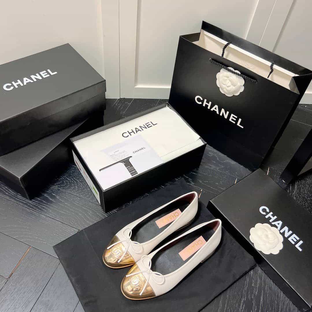 Chanel Leather Cap Toe Ballet Flats White Gold