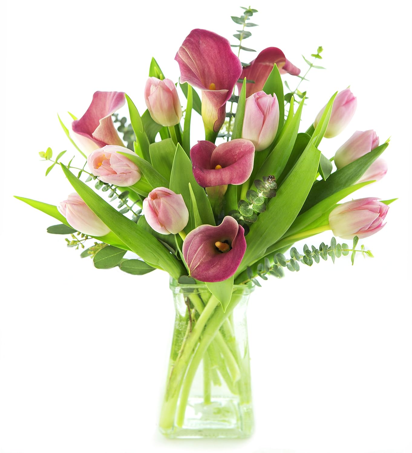 KaBloom PRIME NEXT DAY DELIVERY - Summer Collection - Pink Sugar Tulips and Callas with Vase. Gift for Birthday, Anniversary,Valentine, Mother’s Day Fresh Flowers