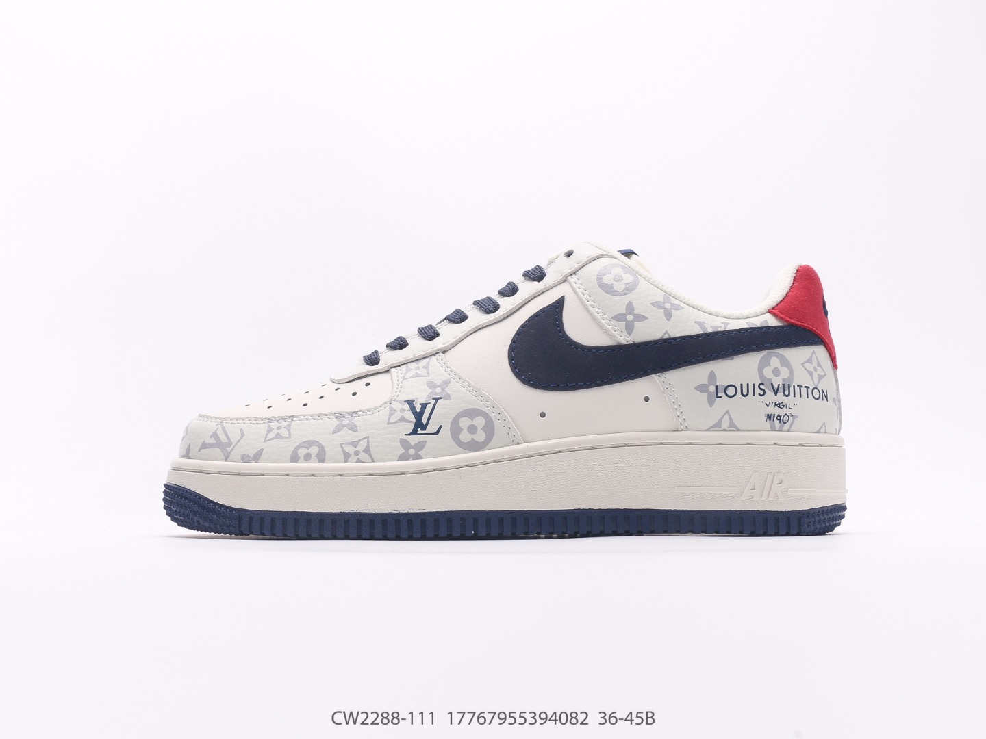 Nike Air Force 1 Low LV Monogram White Navy Red Heel Custom
