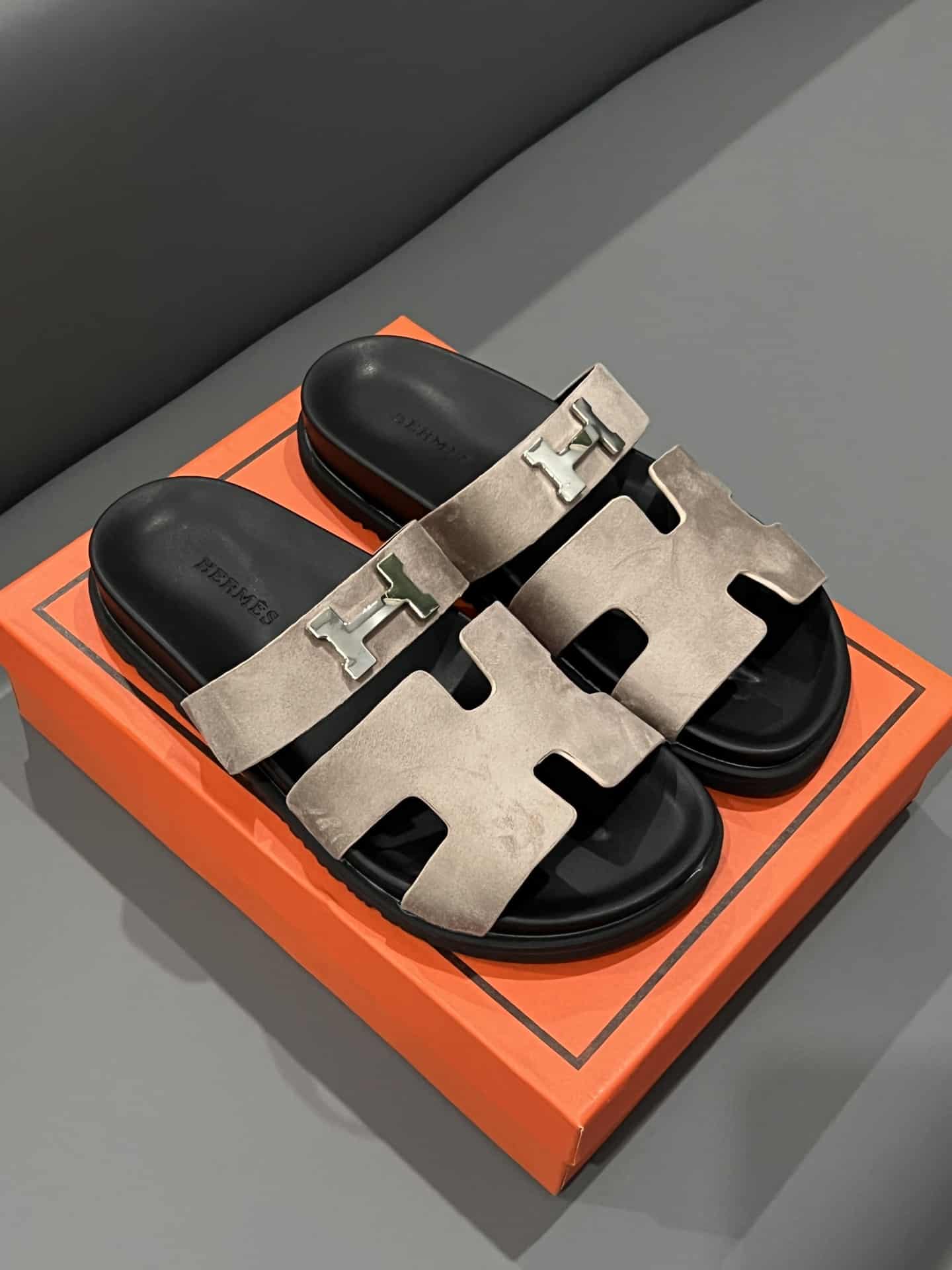 Hermes Chypre Sandal Suede H Logo Silver Hardware Light Brown