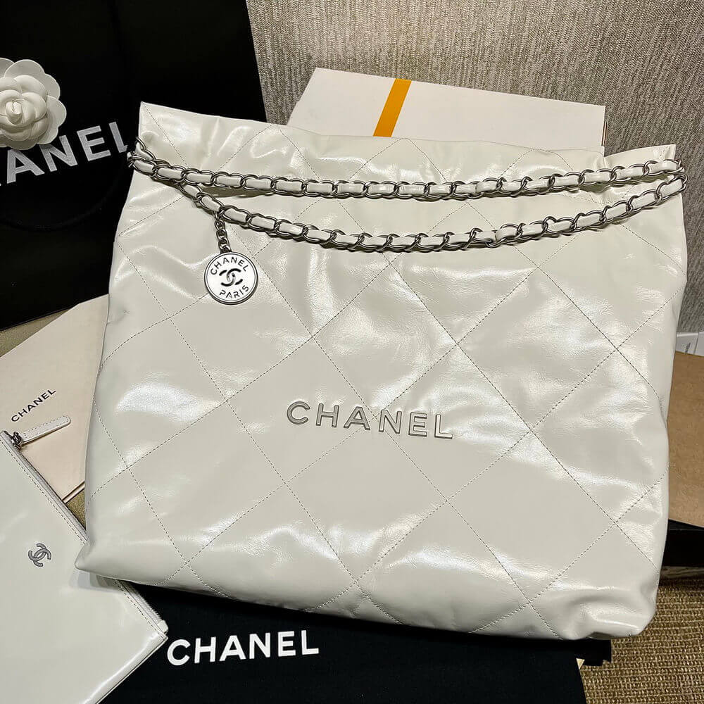 Chanel 22 Small Handbag Shiny Calfskin White Silver