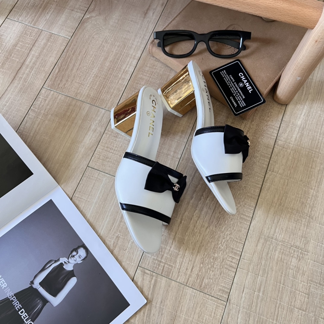 Chanel Grosgrain Ribbon Bow Mule Leather White