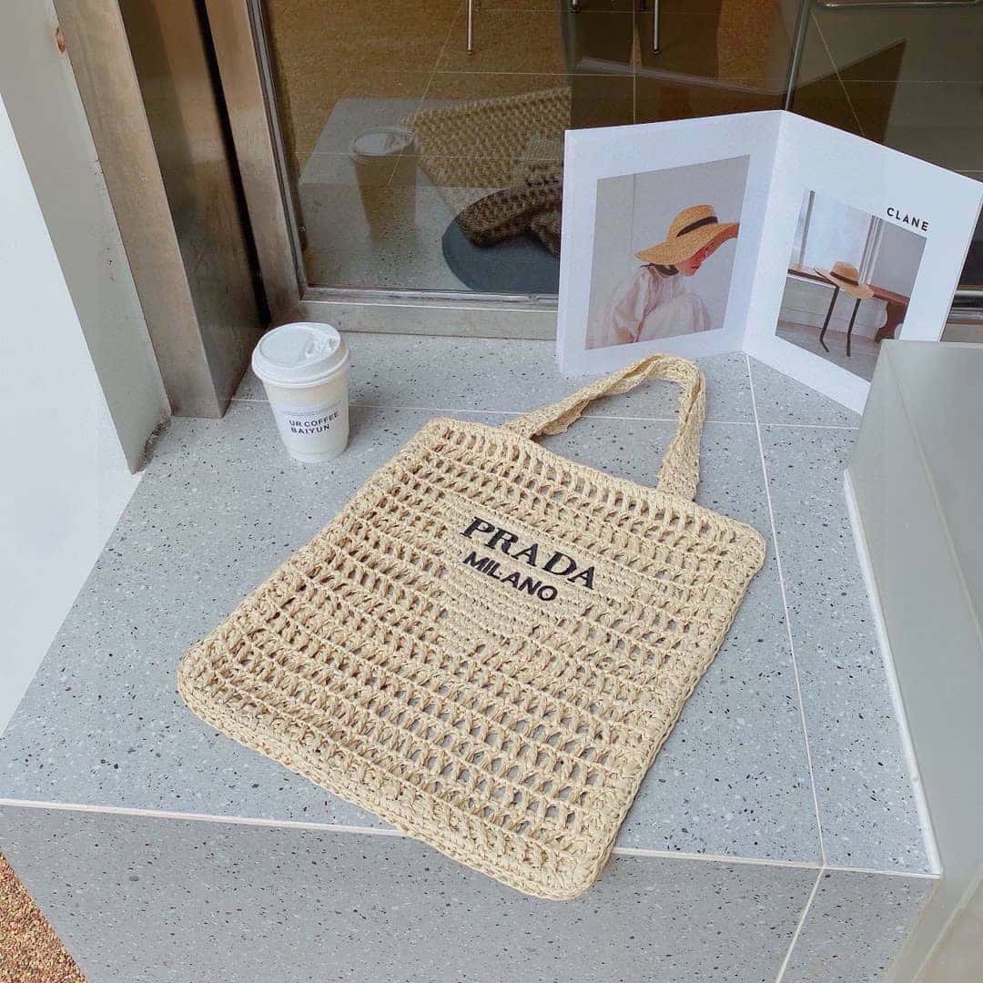 Prada Natural Crochet Logo Tote Bag Beach Bag 38 cm