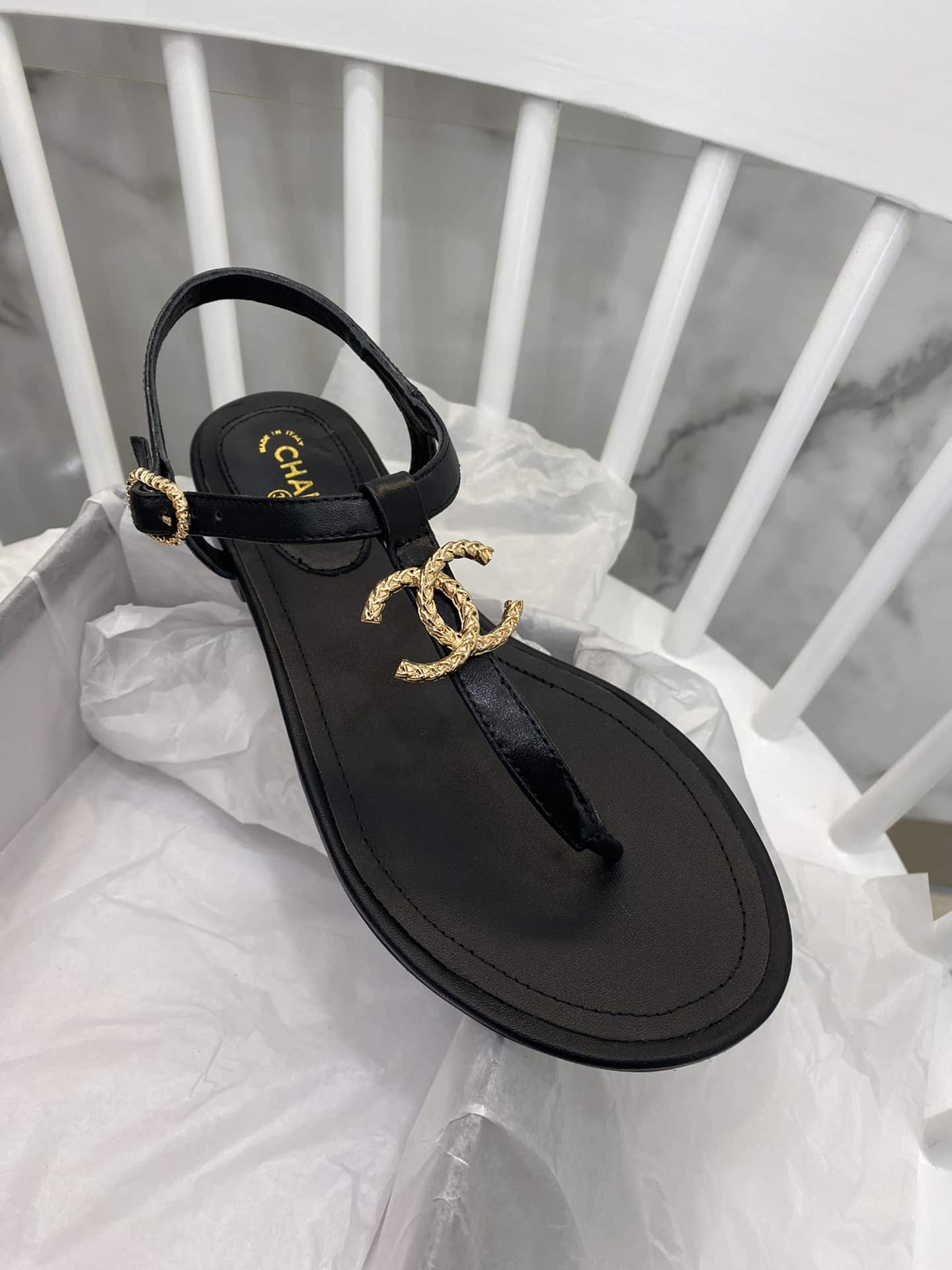 Chanel Gold Cc Logo Thong Sandals Black