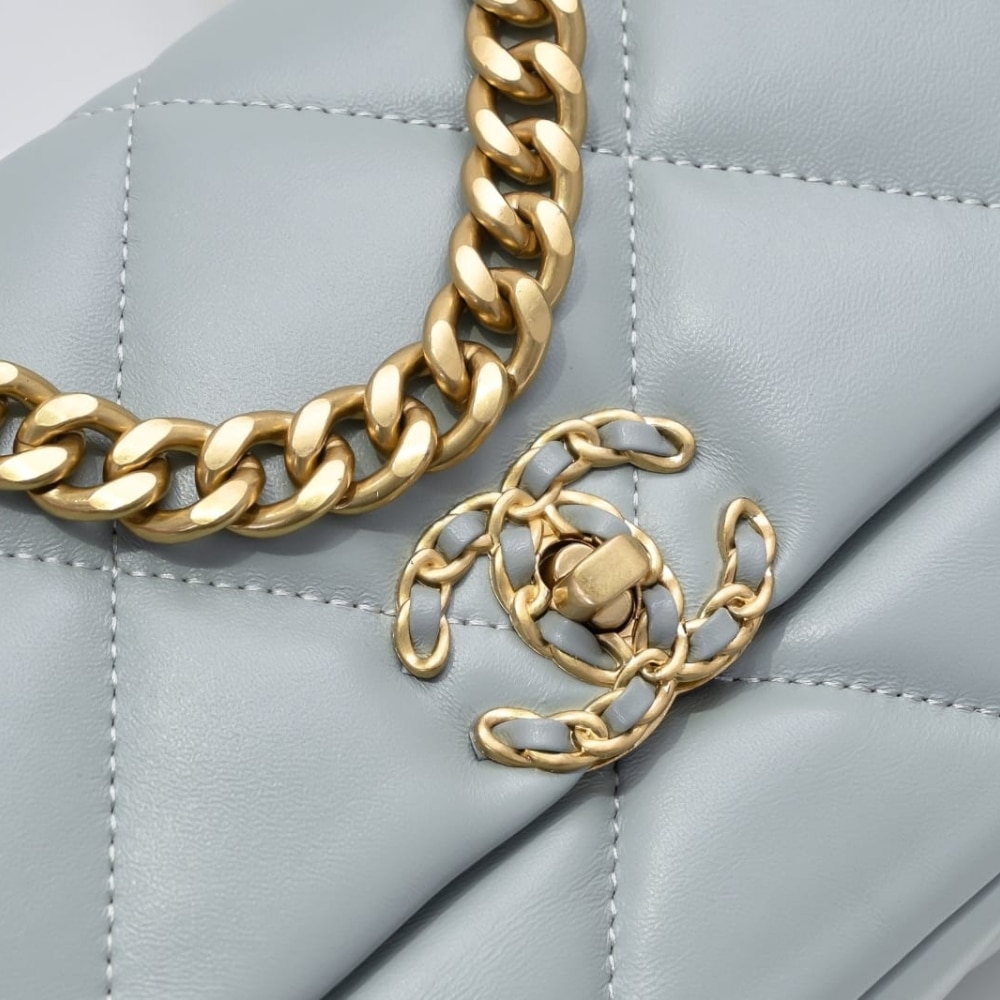 Chanel 19 Flap Bag Shiny Gold And Silver Tone Light Blue 26Cm