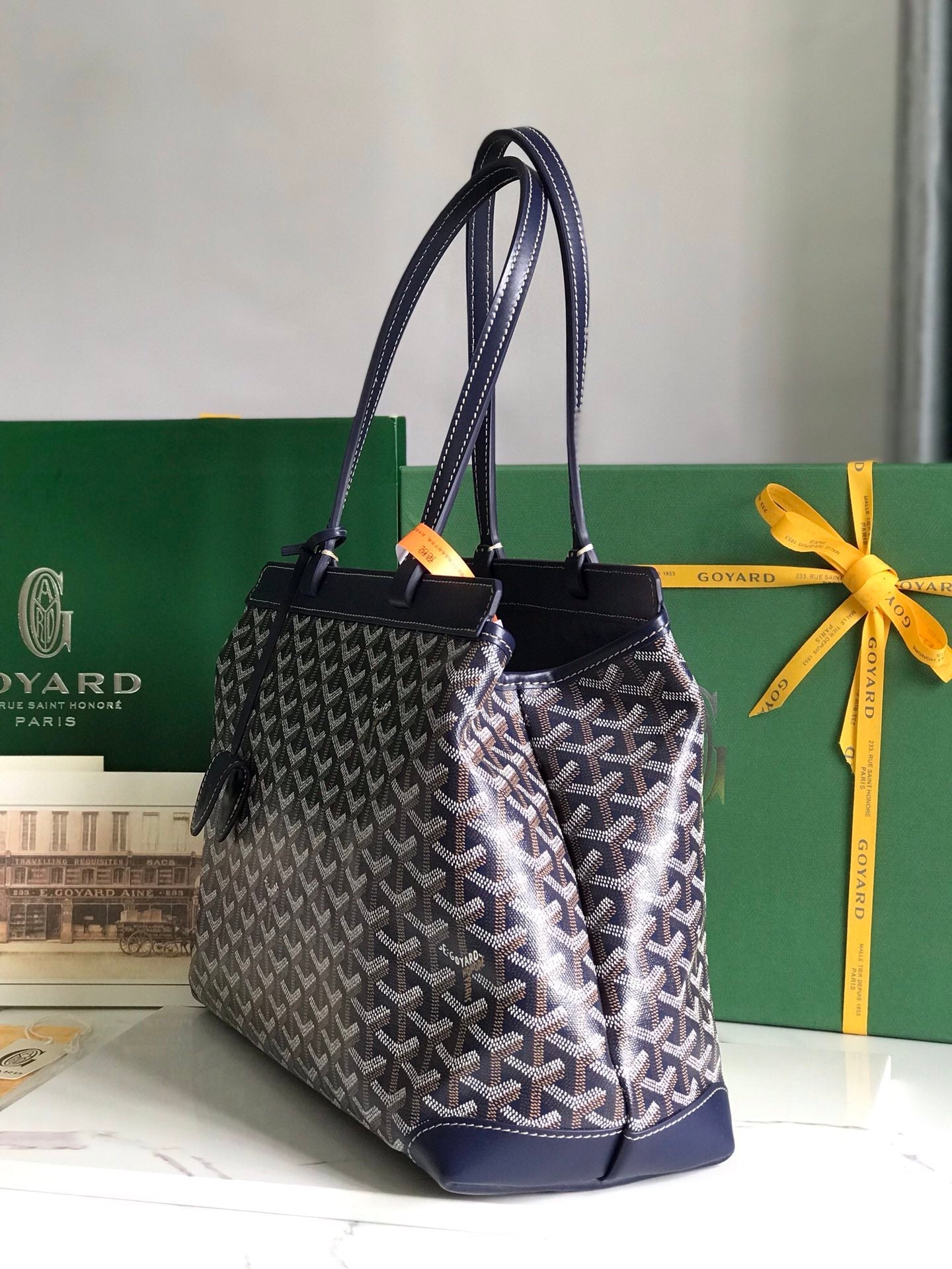 Goyard Bellechasse Biaude Pm Bag 36cm Navy Blue Goyardine Canvas And Calfskin Trim