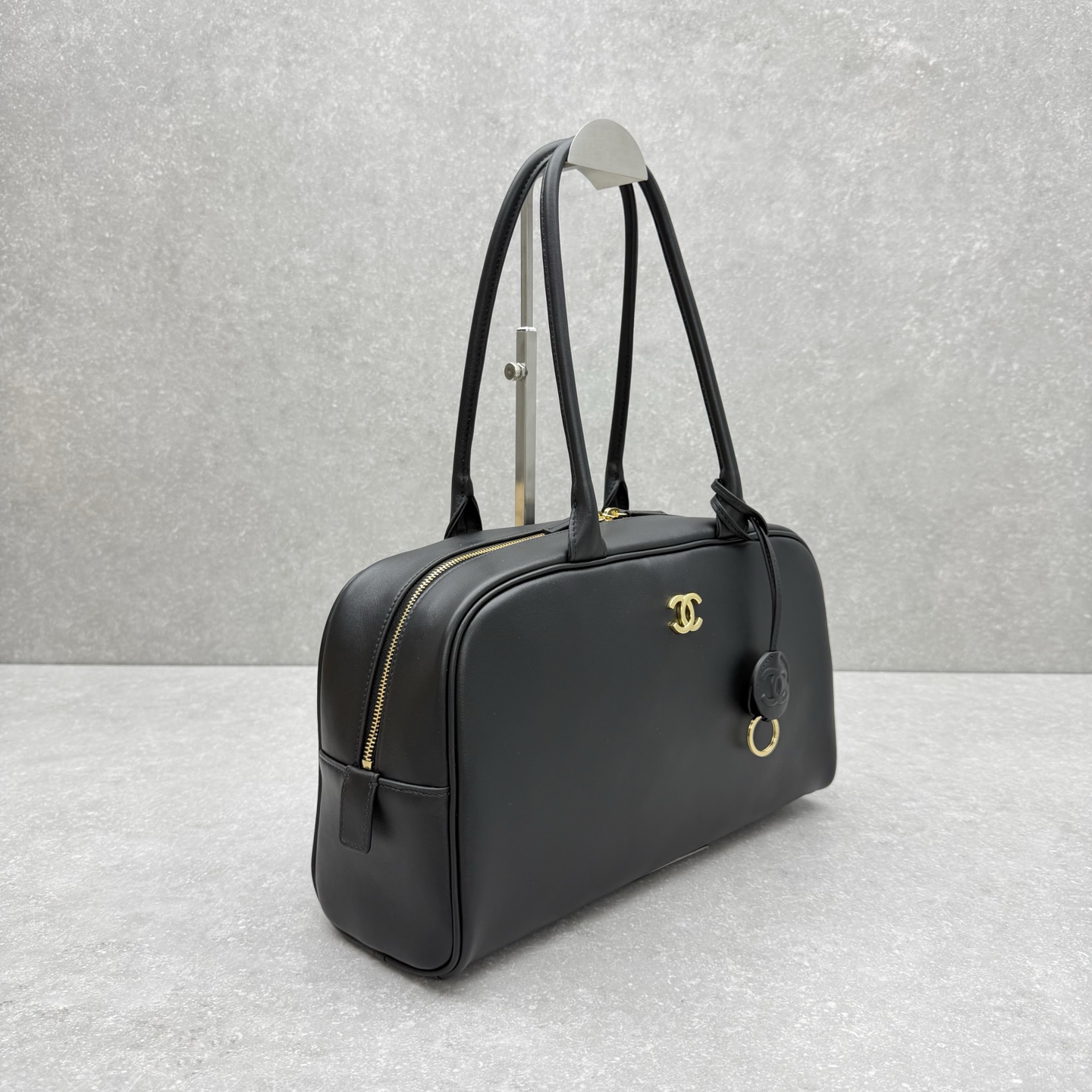 26S Black Smooth Calfskin Bowling Bag with Gold Hardware