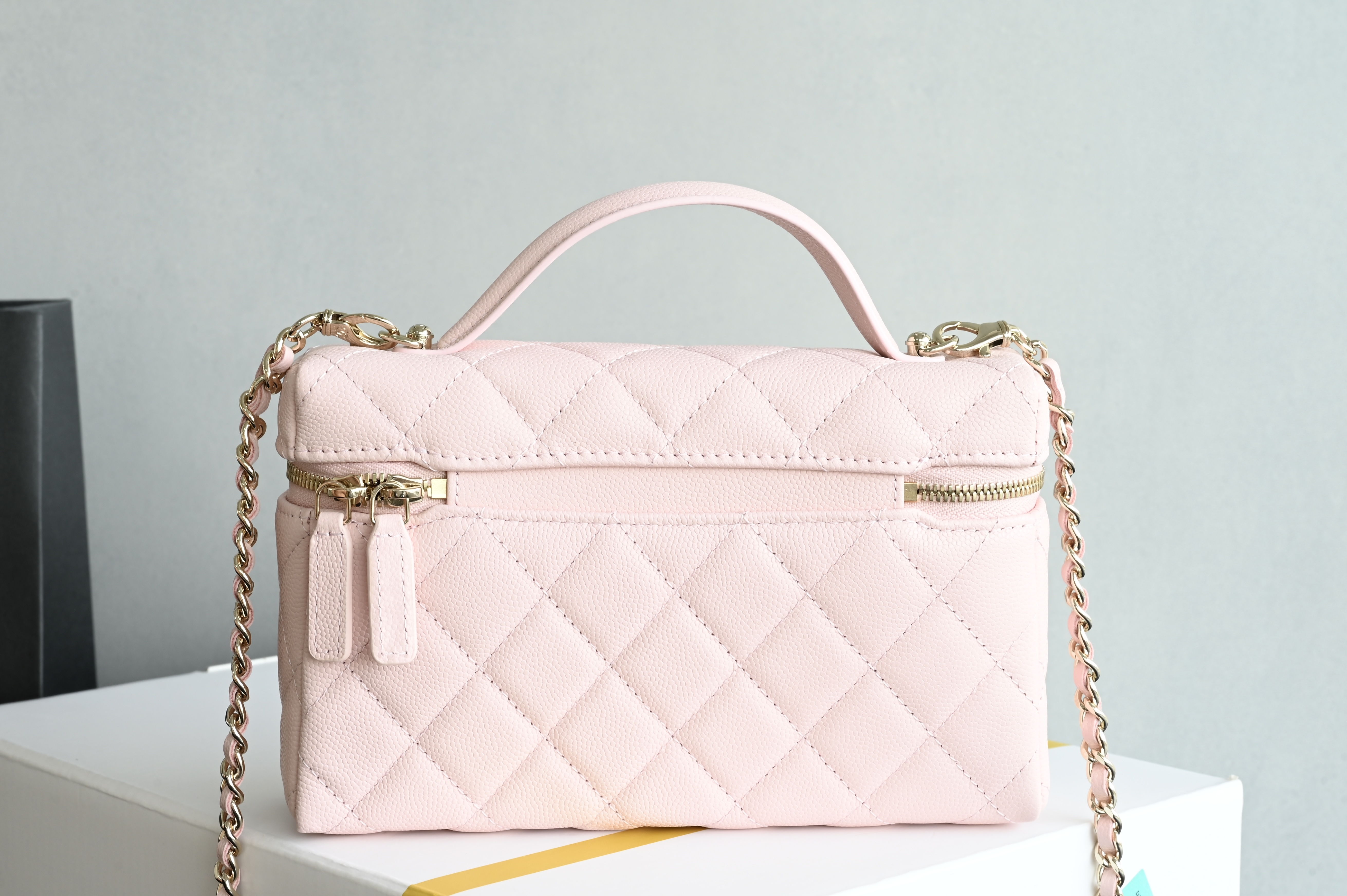 Small Vanity Case (LP Lunch Box Bag) in Sakura Pink Quilted Caviar Calfskin with Light Gold-Tone Hardware (25S Collection)