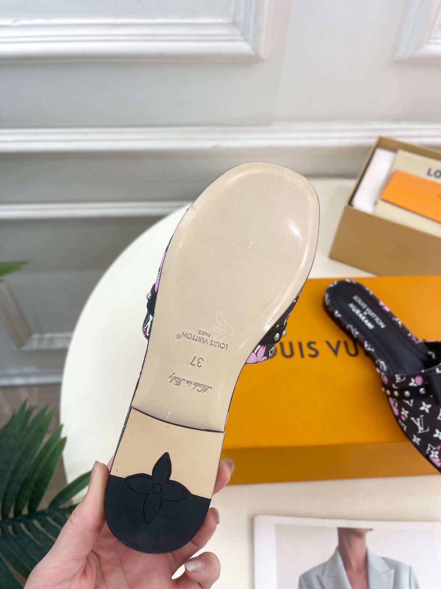 Louis Vuitton x Takashi Murakami Cherry Blossom Flat Slide Black Monogram with Bow
