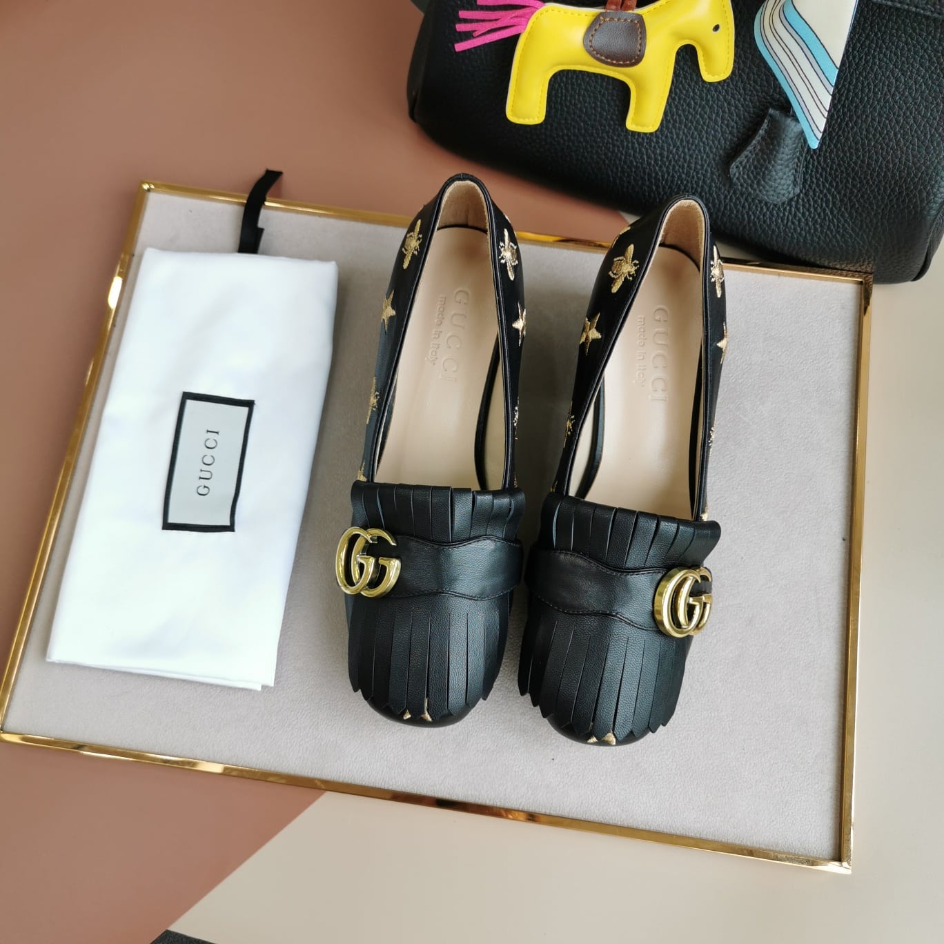 Gucci Embroidered Bee Star Leather Mid-Heel Pump Black